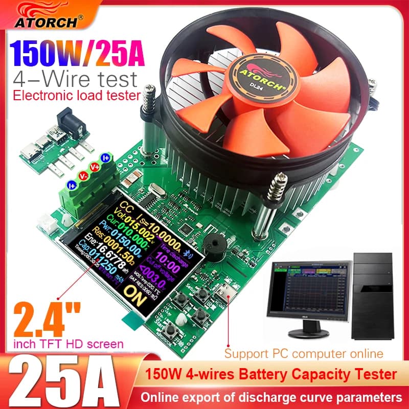 150W Electronic Load Tester | 4-Wire Battery Capacity Analyzer with 2.4 TFT Display - Thumbnail 2