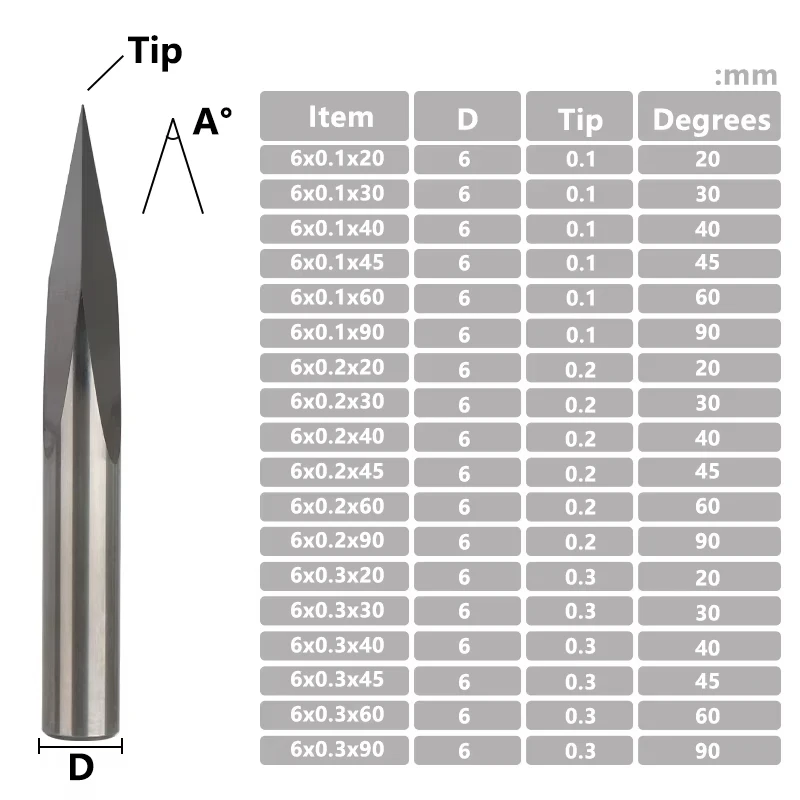 3D Pyramid Engraving Bits | 20-90 Degree Tip Angles | 6mm Shank CNC Milling Cutter Set - Thumbnail 5