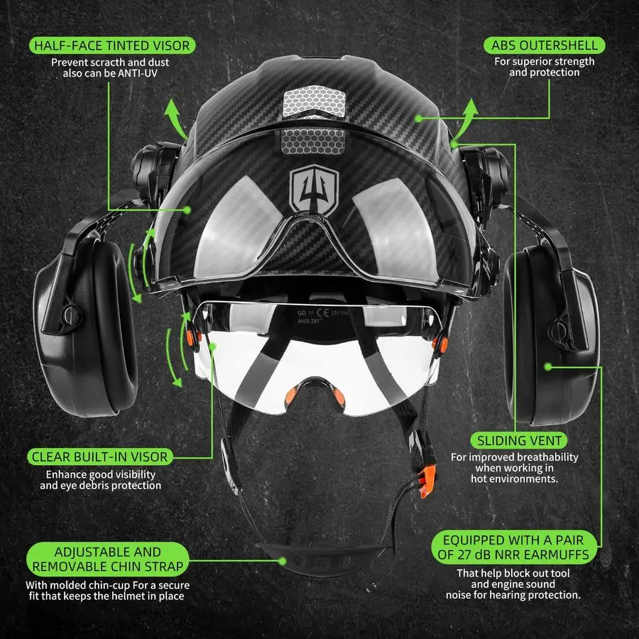 Z89.1 Hard Hat | Vented with Visor & Ear Muffs | Industrial Construction Safety Helmet - Thumbnail 3
