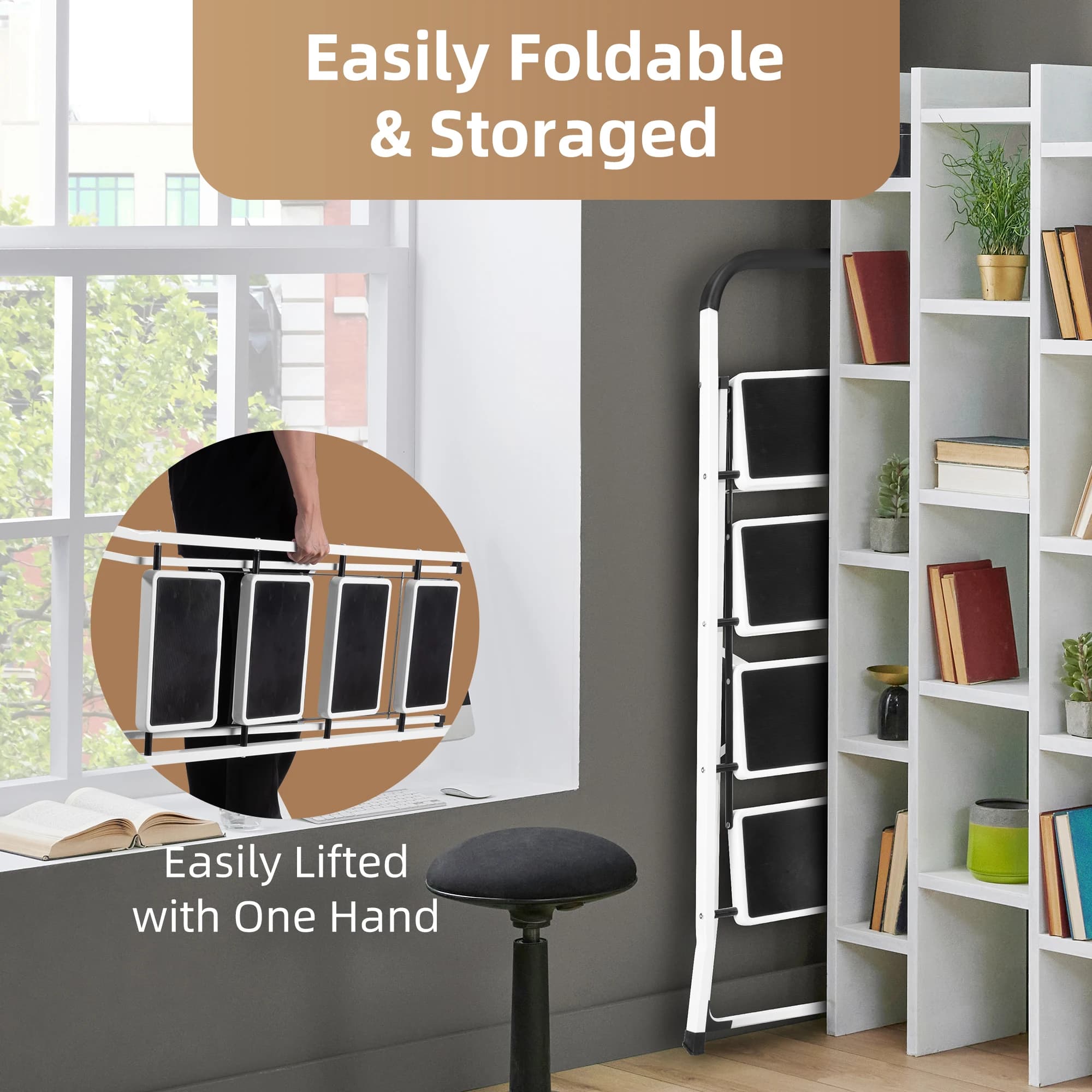 4 Step Folding Ladder | Lightweight with Handgrip | 330 lb Capacity for Closet, Kitchen & Office - Thumbnail 2