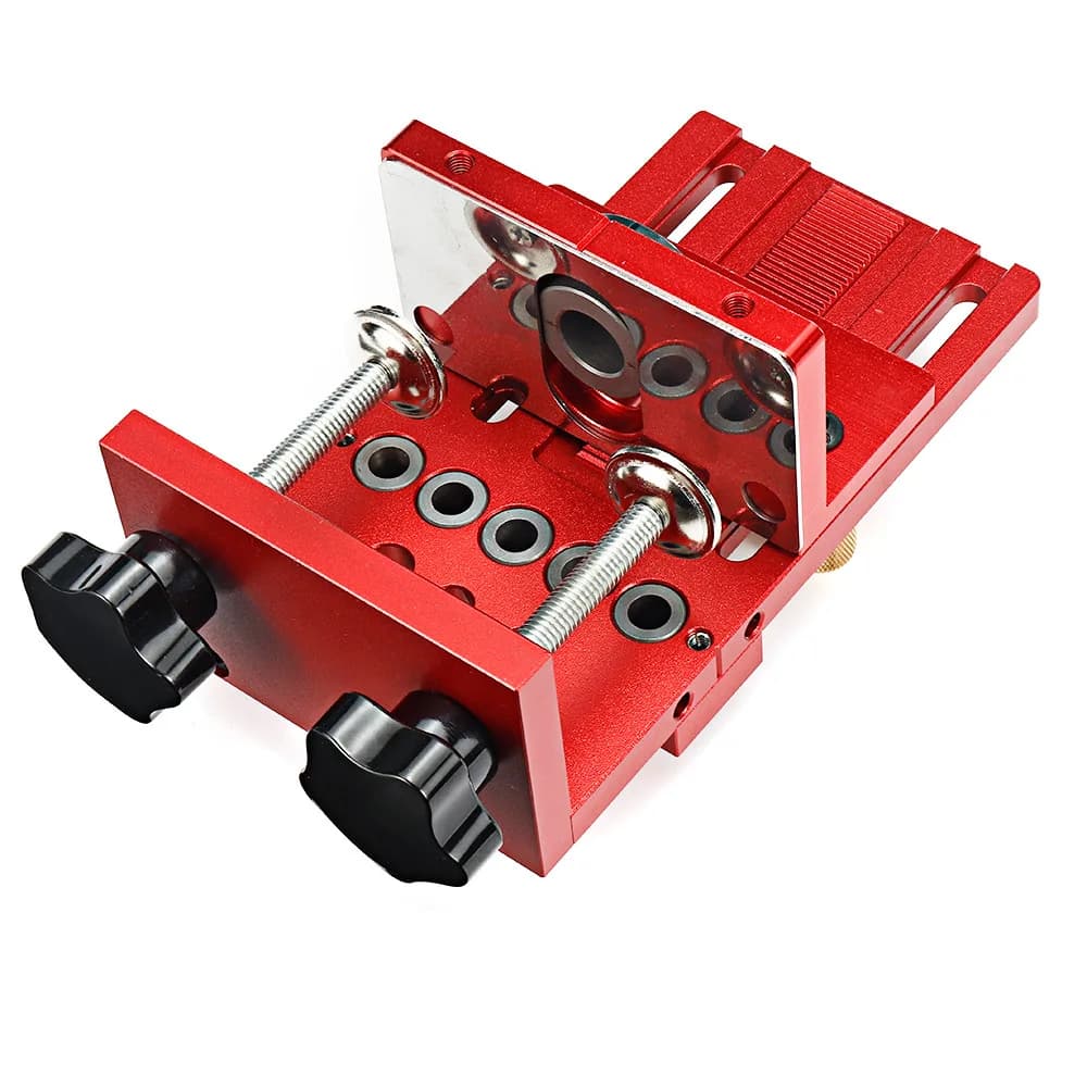 Adjustable woodworking doweling jig kit with pocket hole jig, drilling guide, and hole punch tool for strong furniture connections.