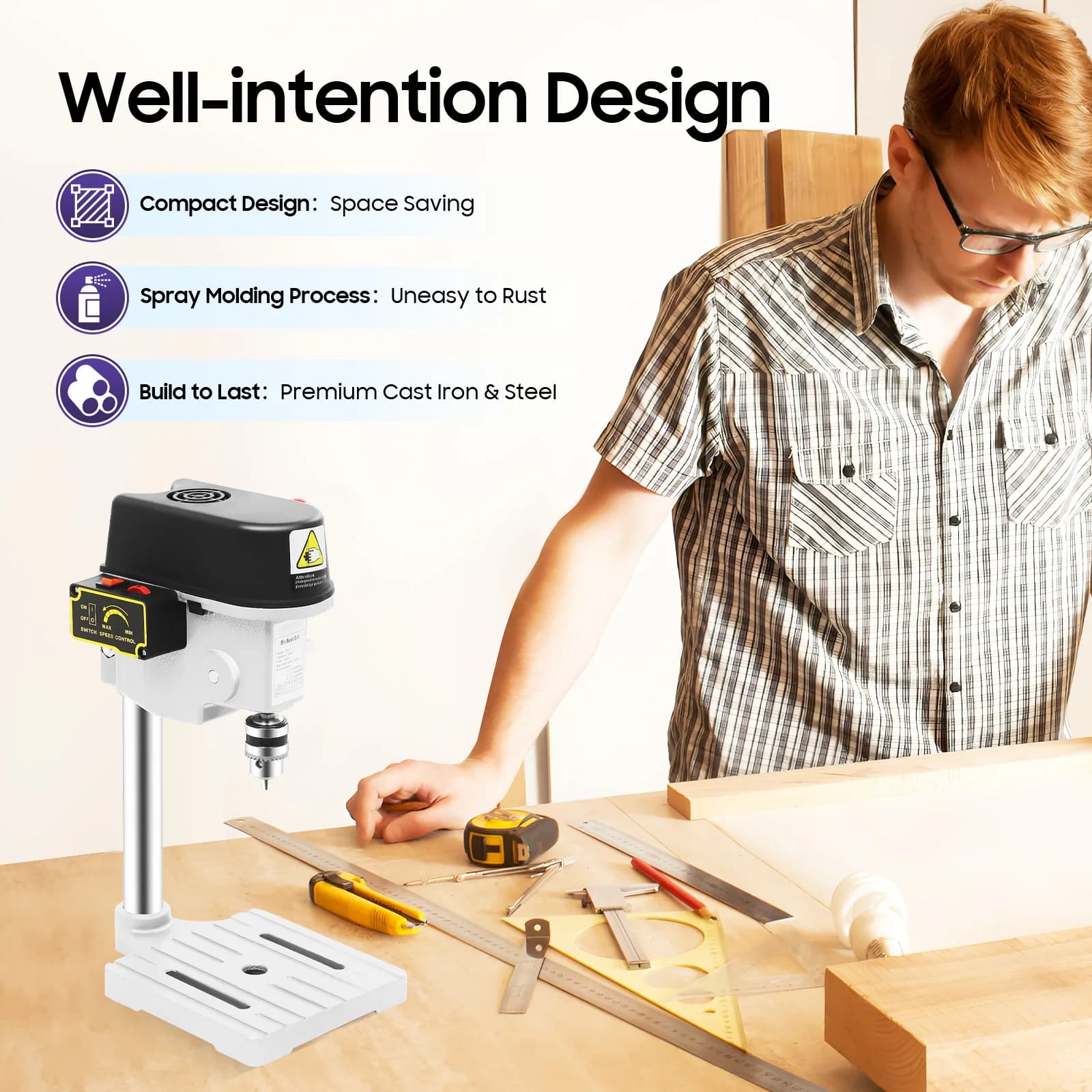 Bench Drill Press | 340W High-Precision Machine | 3-Speed Adjustable & Portable Table Drill - Thumbnail 4