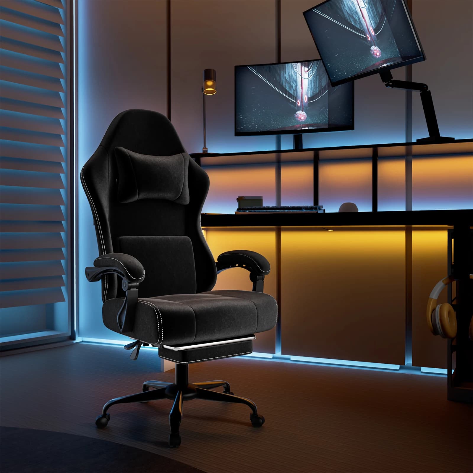 Gaming Chair | Built-in Massage Lumbar Support & Foot Pedals | Fabric Ergonomic Computer Desk Chair - Thumbnail 6