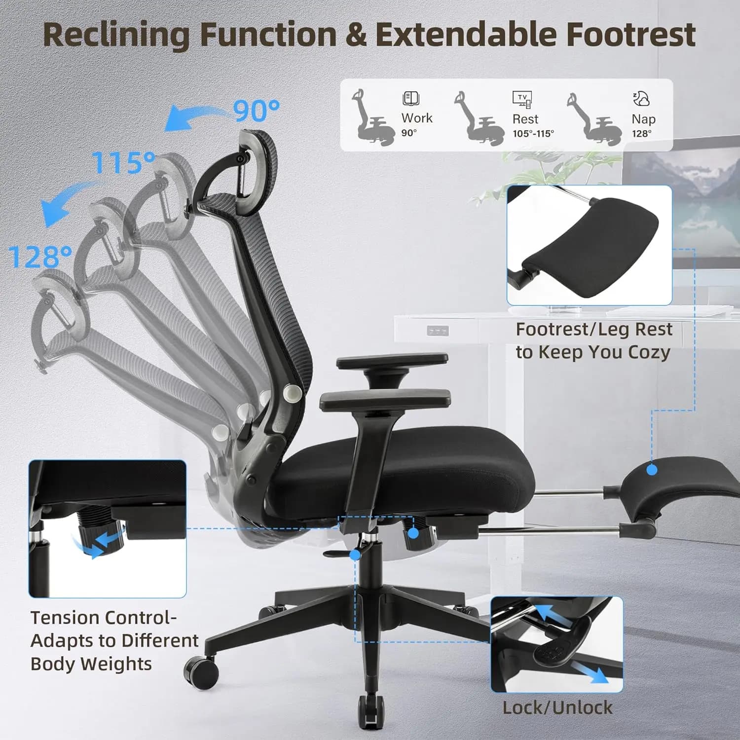 Ergonomic Office Chair | Adjustable Lumbar Support & Foot Rest | Space-Saving Home Office Desk Chair - Thumbnail 5