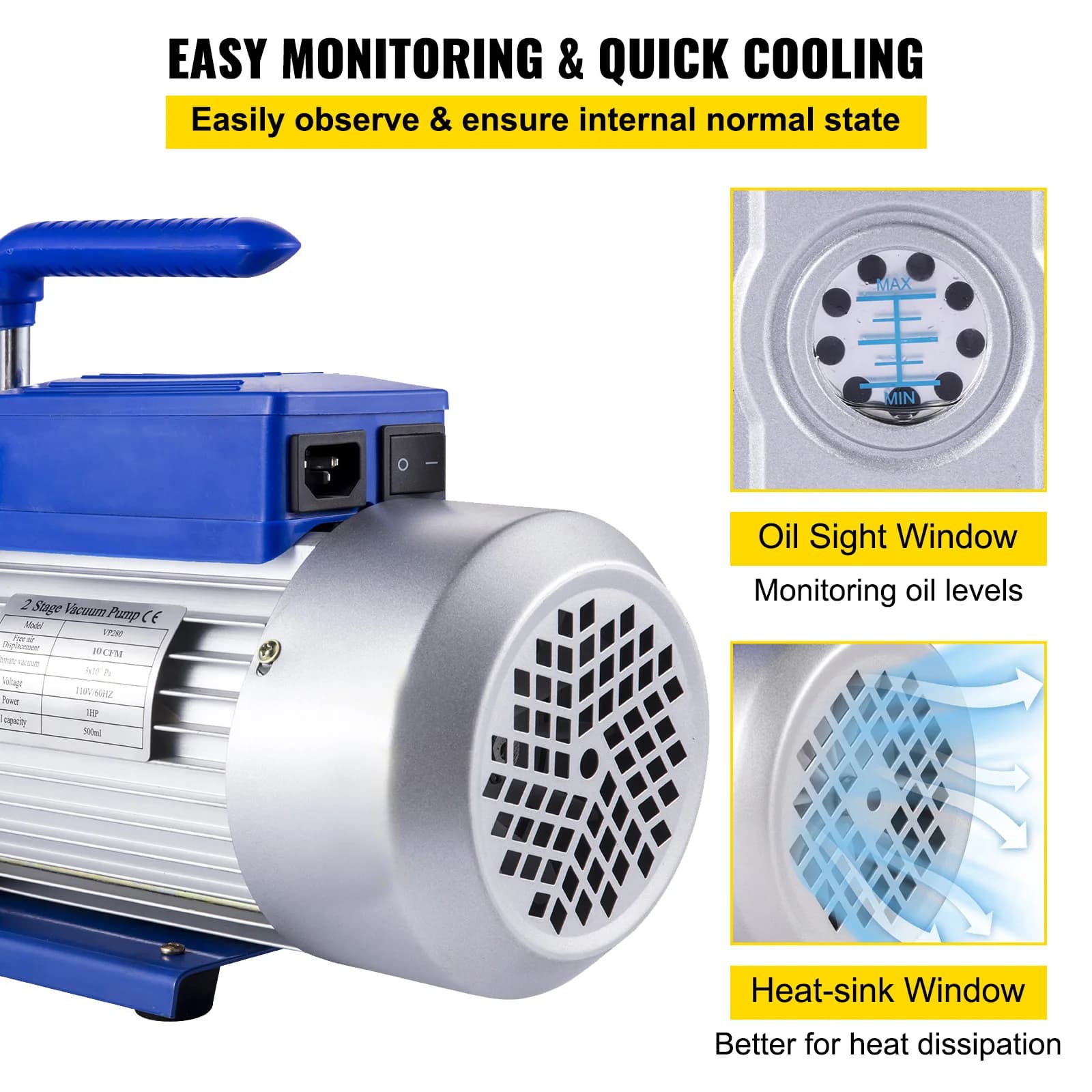 10 CFM 2 Stage Vacuum Pump | 1HP Heavy-Duty HVAC Rotary | Auto AC Refrigerant Evacuation - Thumbnail 4