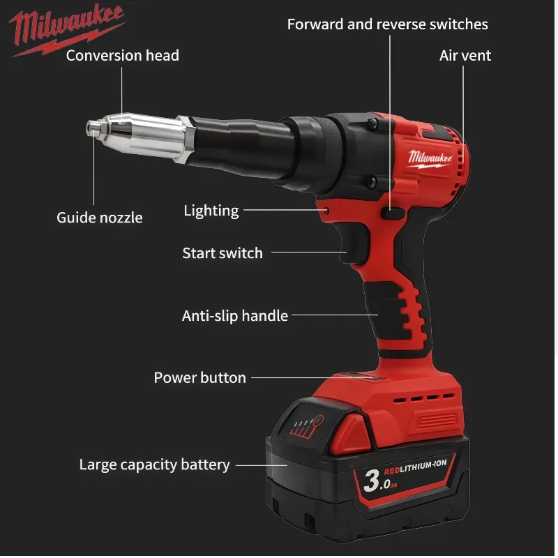 Milwaukee Brushless Cordless Rivet Gun | 4.8MM Automatic Riveter with LED Light | 18V Battery Tool - Thumbnail 6