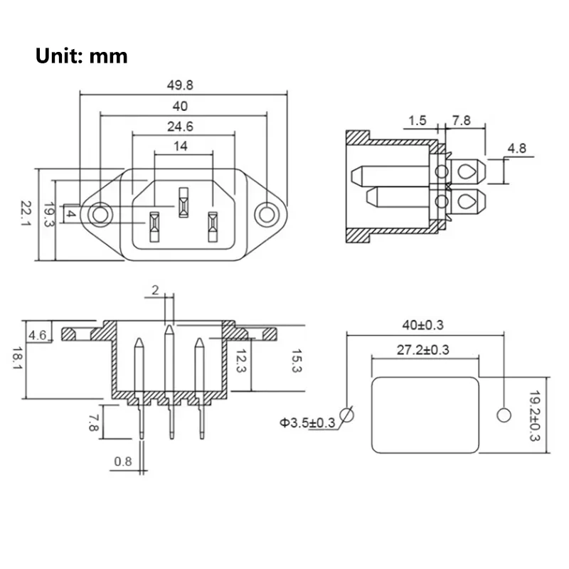 3-Pin AC Power Inlet Socket | Heavy-Duty Copper Connector | AC-04 Mounting Plug - Thumbnail 3