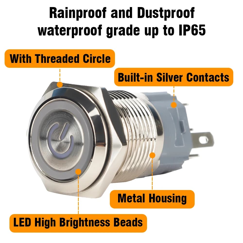 Waterproof Push Button Switch | 12V-220V LED Illuminated | 12-22mm Panel Mount - Thumbnail 4