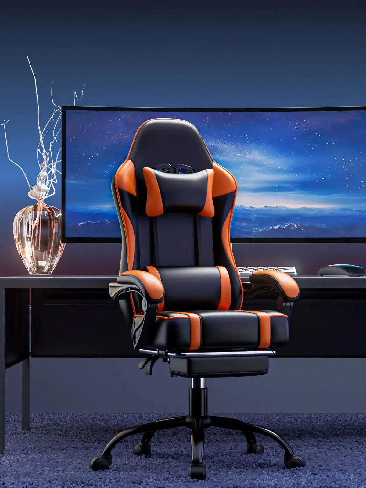 Gamer Chair | PU Leather Video Game Chair for Adults | Office Desk Chair with Footrest - Thumbnail 3