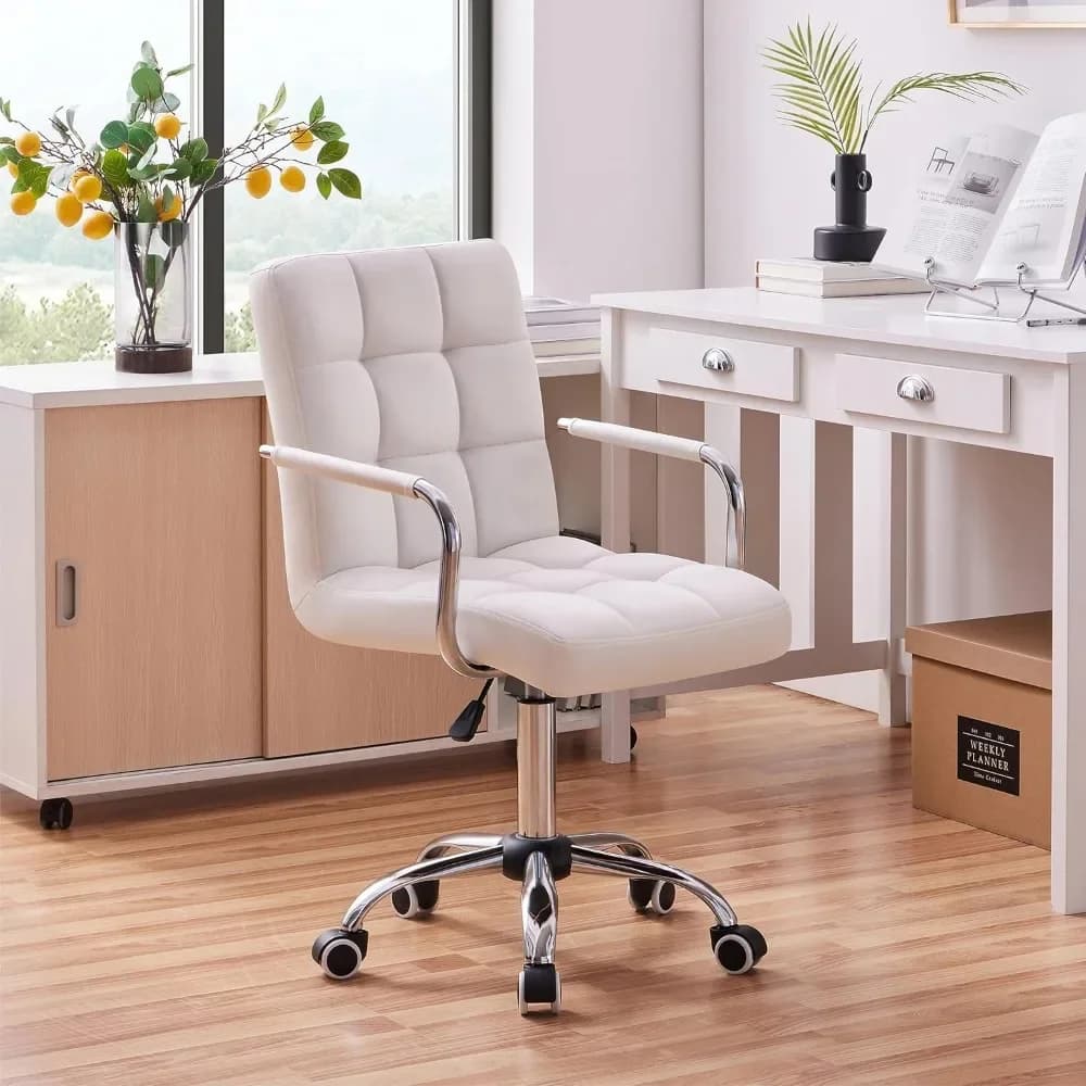 White Office Chair | PU Leather Midback Design | 360° Swivel Rolling Desk Chair - Thumbnail 2