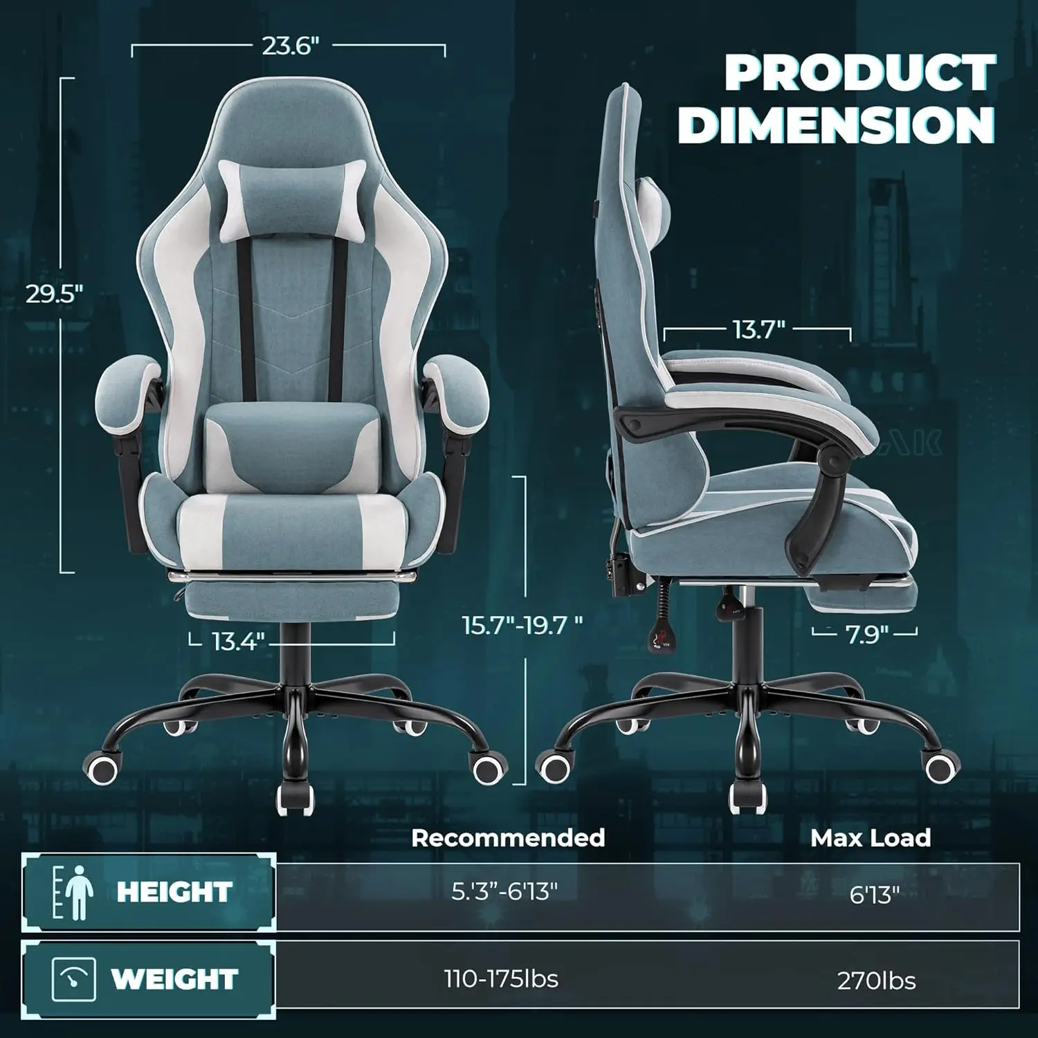 Fabric Gaming Chair | Adjustable Seat with Massage Lumbar Support | Green Video Game Chair - Thumbnail 3
