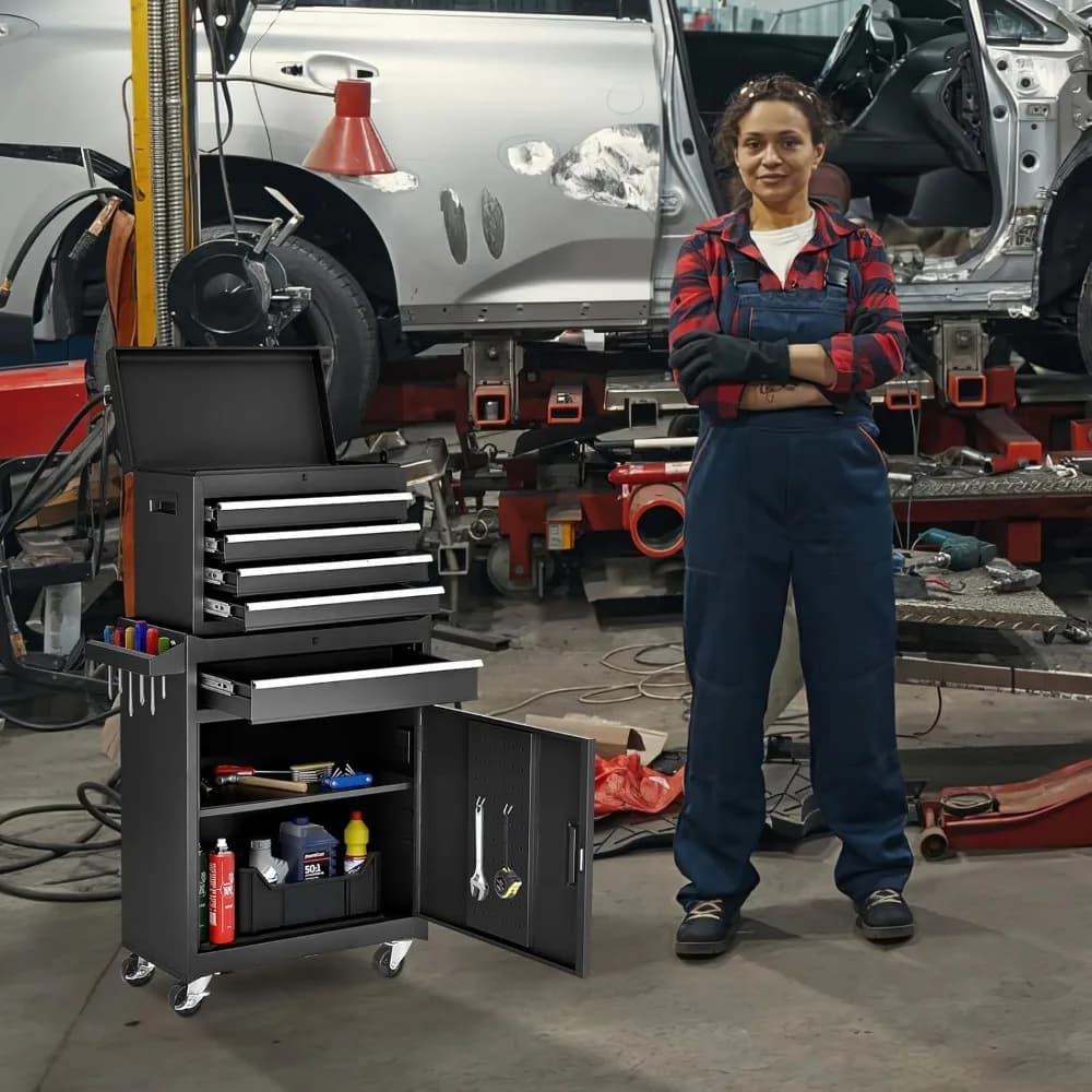 Tool Storage Cabinet | Detachable Top Box & Metal Cart | Garage Workshop Organizer - Thumbnail 2