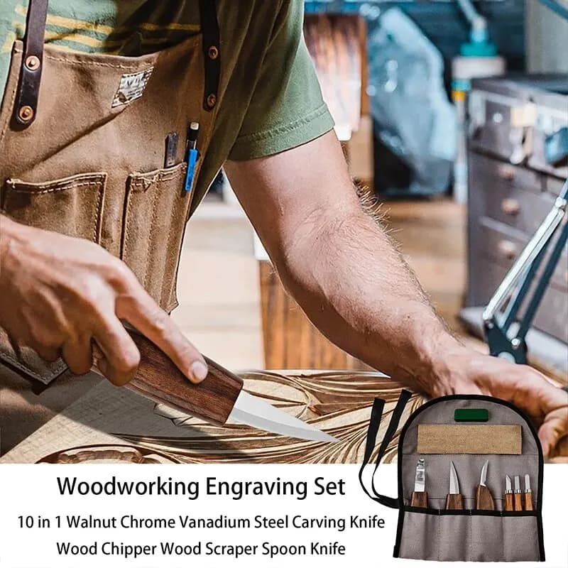 Wood Carving Tools Set | 10-Piece Detail Knife & Chisel Kit with Sharpener & Safety Gloves - Thumbnail 4