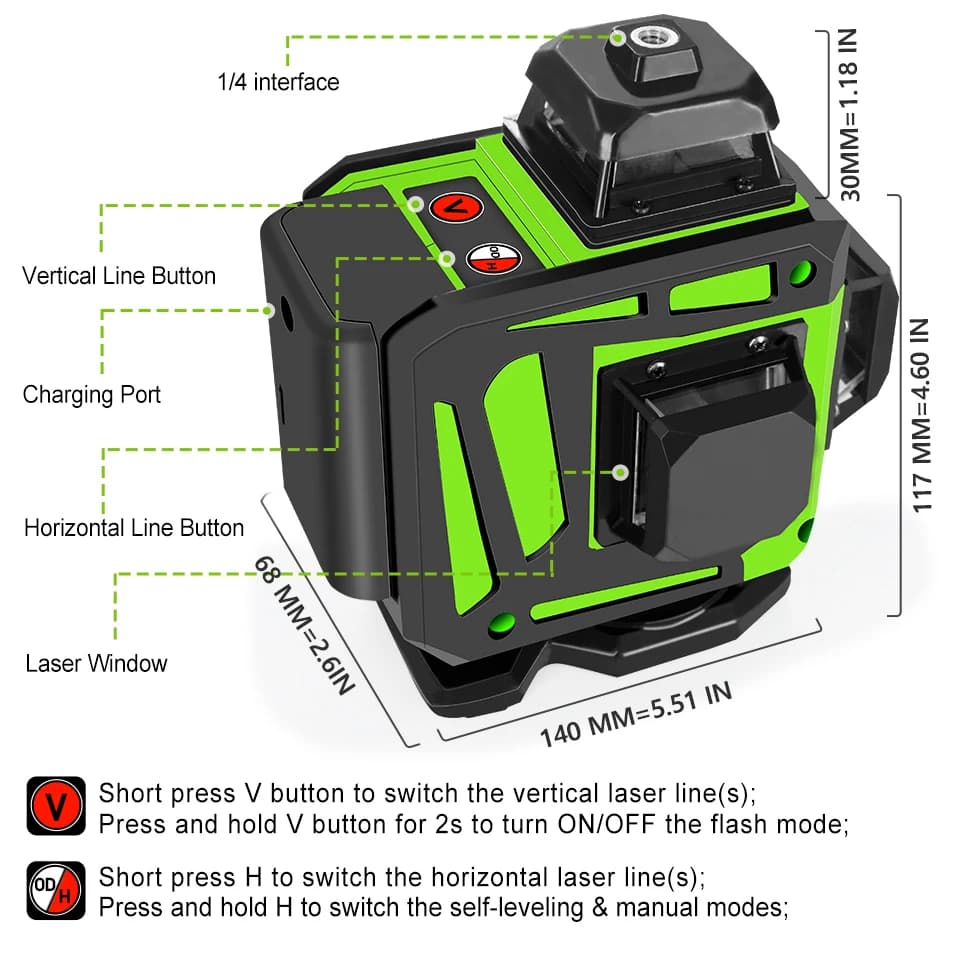 Laser Level | 16/12 Green Beam Lines | 360° Horizontal & Vertical Self-Leveling - Thumbnail 3