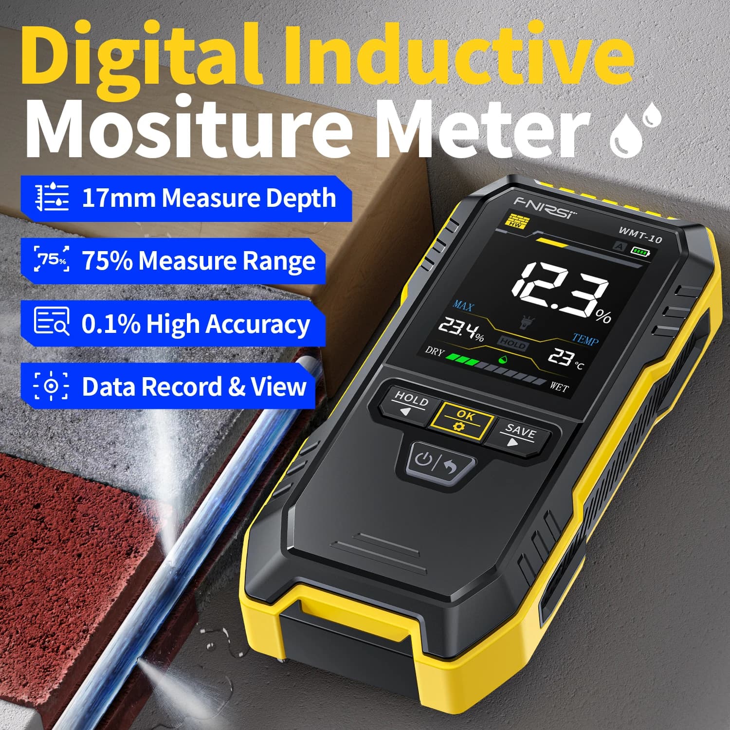 Wood Moisture Meter | Non-Contact Wall & Timber Detector | 17mm Depth | Humidity & Temperature Tester - Thumbnail 2