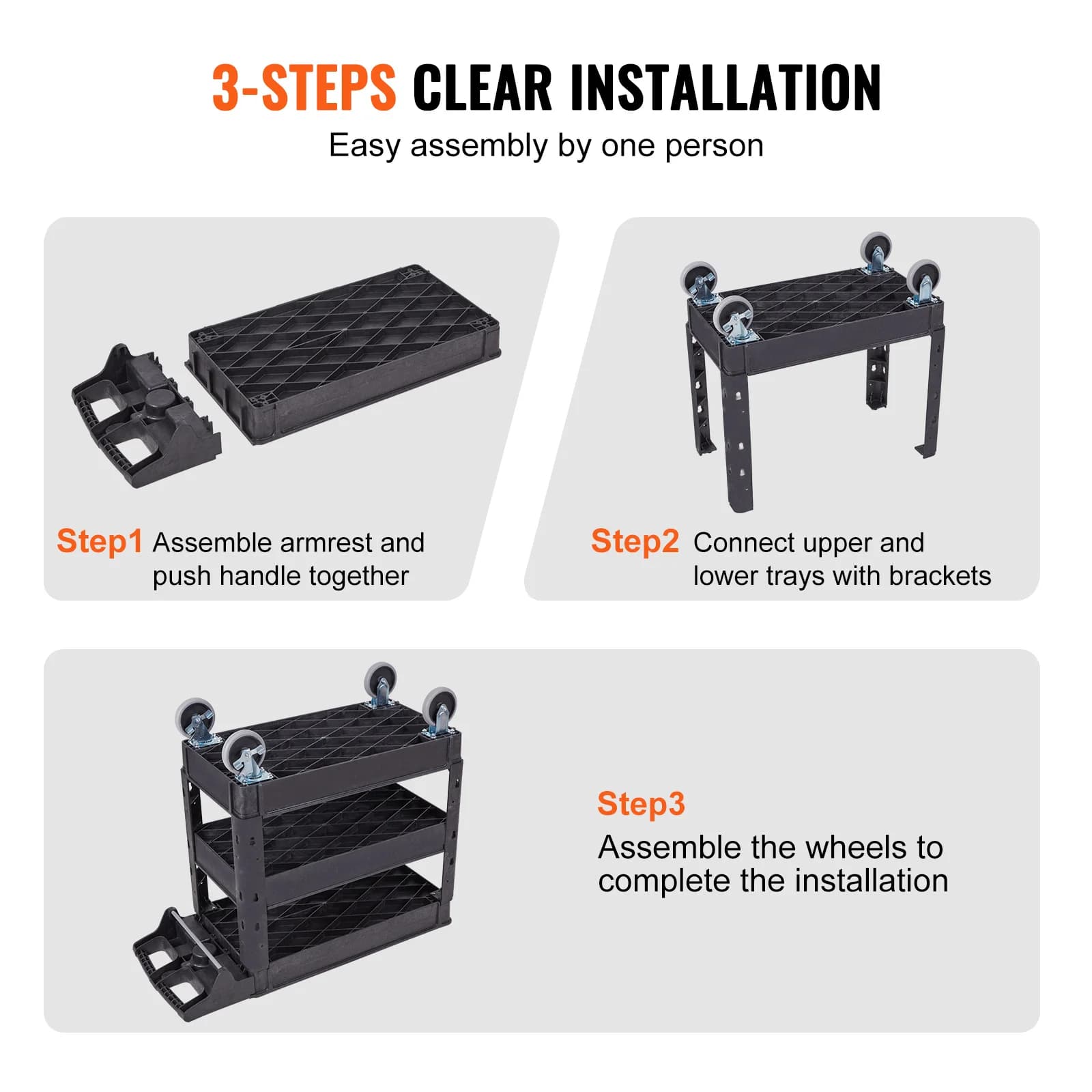 Heavy-Duty 3-Tier Utility Cart | 360° Swivel Wheels & Ergonomic Handle | Garage & Workshop Storage Solution - Thumbnail 6