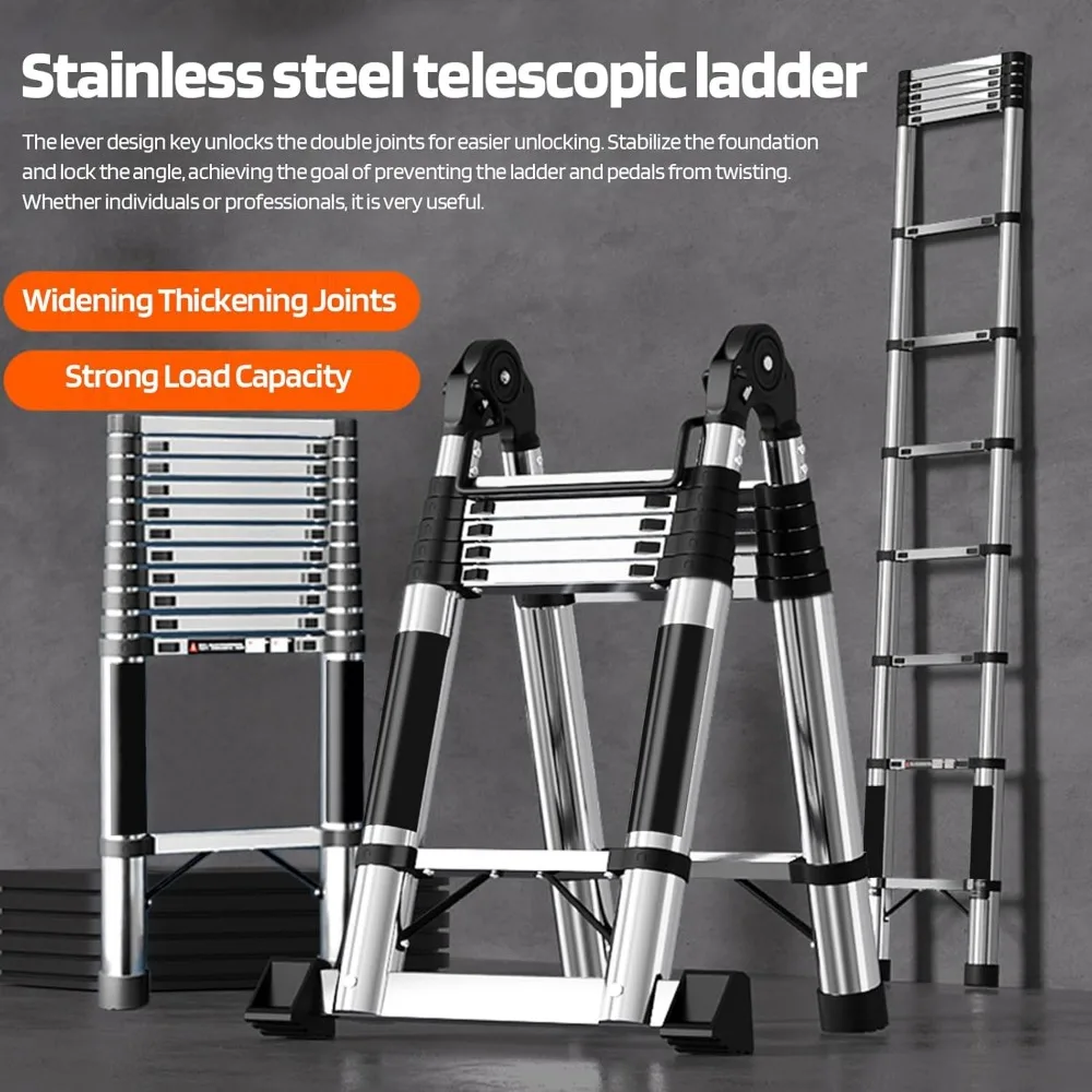 16ft Stainless Steel Telescopic Ladder | 8ft A-Frame Folding | 330lbs Capacity with Safety Locks - Thumbnail 5