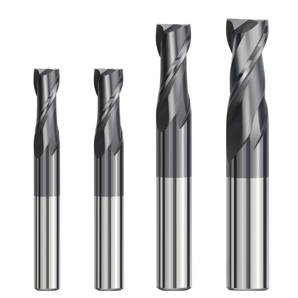 Single 2-flute milling cutter with 4-18mm shank, made from HRC50 carbide for machining aluminum, metal alloys, and steel on CNC equipment.