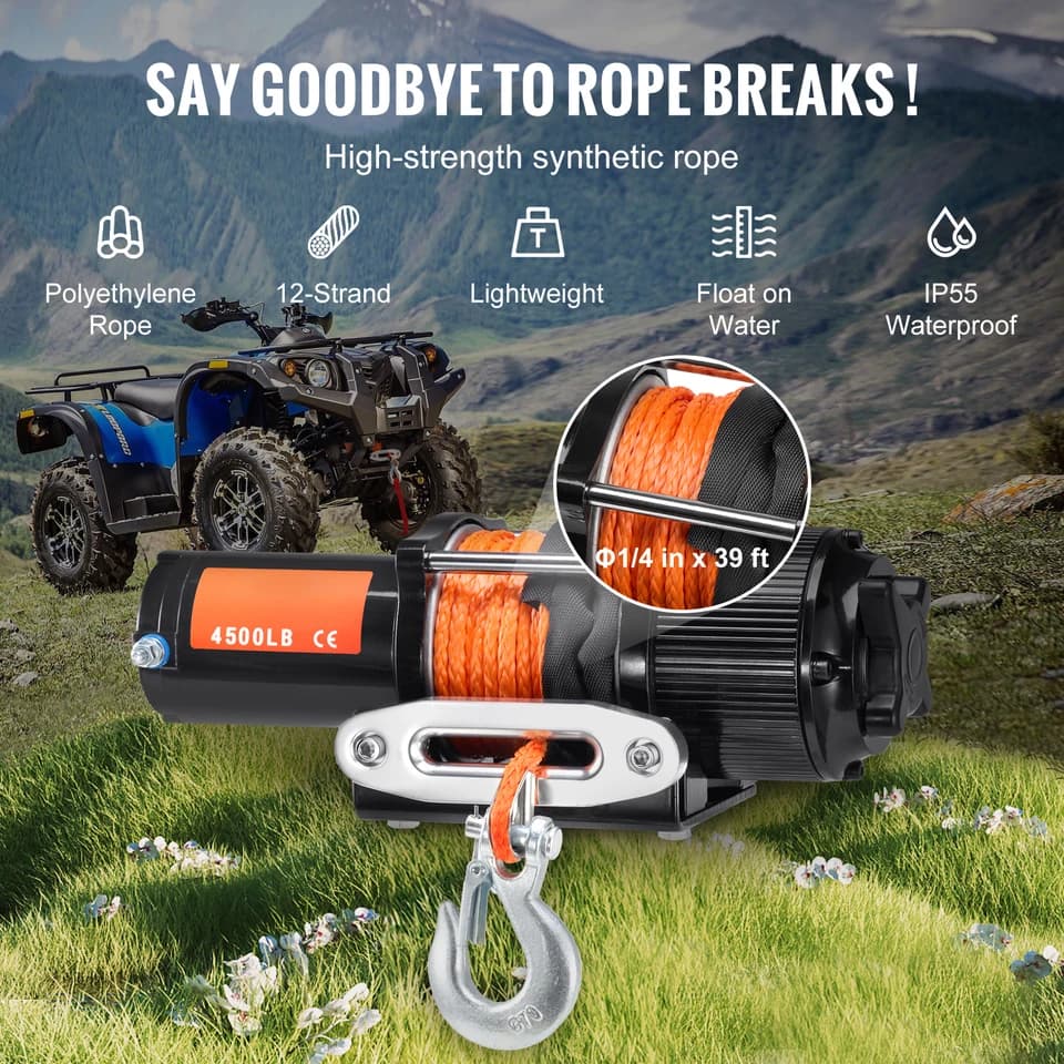 Come Along Winch | 4500lb 12V | IP55 Waterproof w/ Synthetic Rope - Thumbnail 4