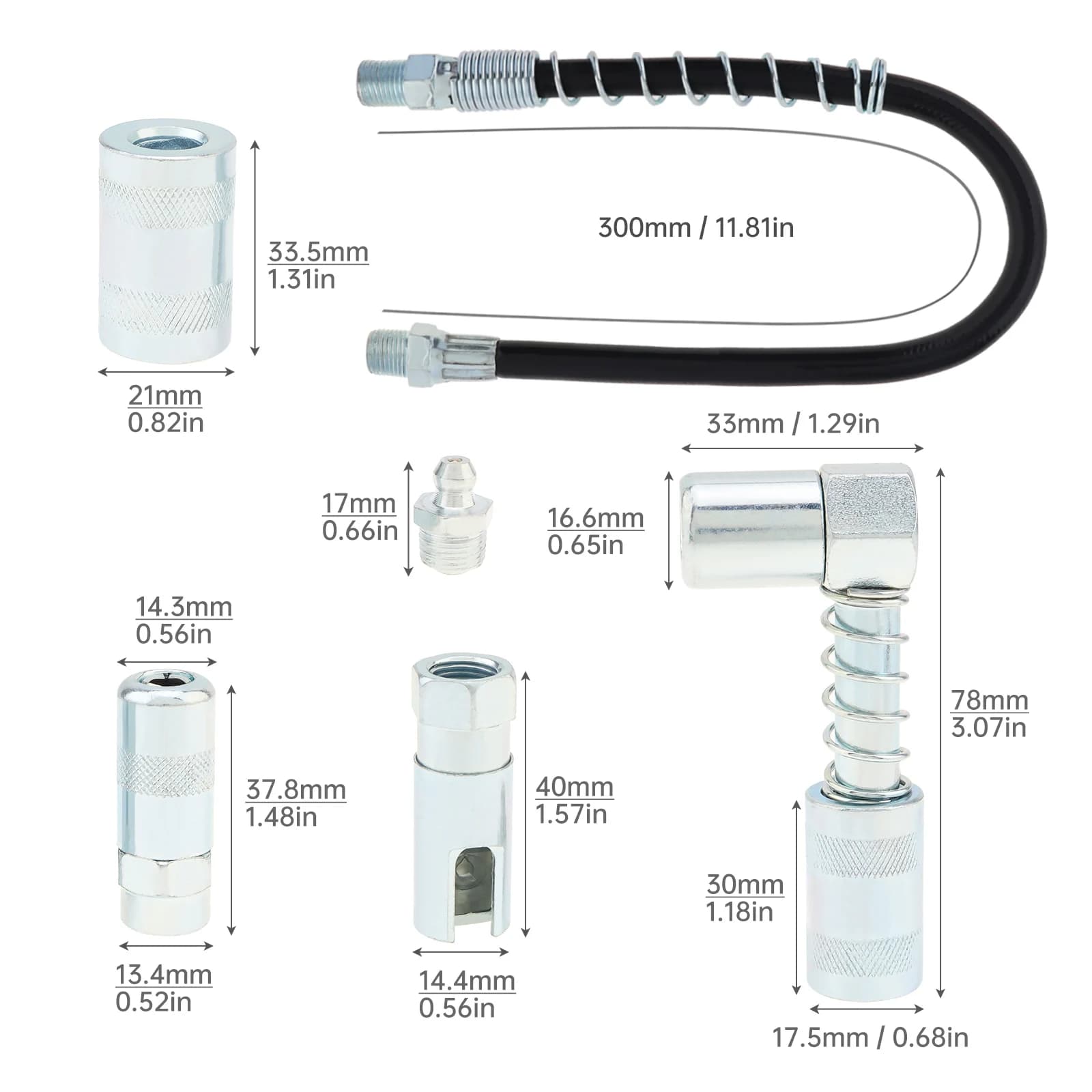 Grease Gun Coupler Set | 5-Piece Nozzle Adapters | 30mm Connector for Tight-Space Lubrication - Thumbnail 5