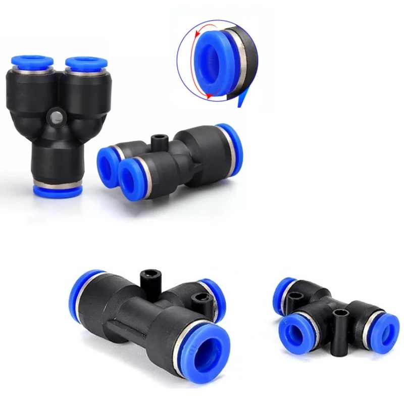 Pneumatic T-Fitting Connector Kit | 4-16mm Quick-Release Air Hose Fittings | 5-Piece Set - Thumbnail 2