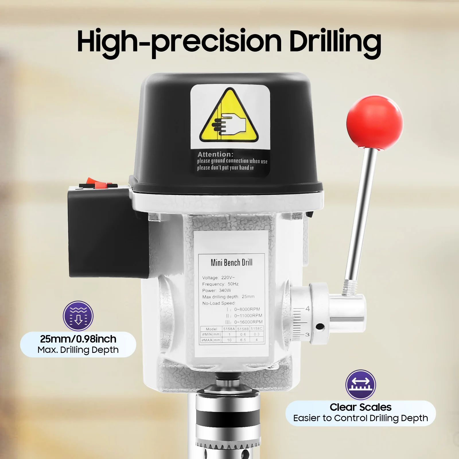 Bench Drill Press | 340W High-Precision Machine | 3-Speed Adjustable & Portable Table Drill - Thumbnail 5