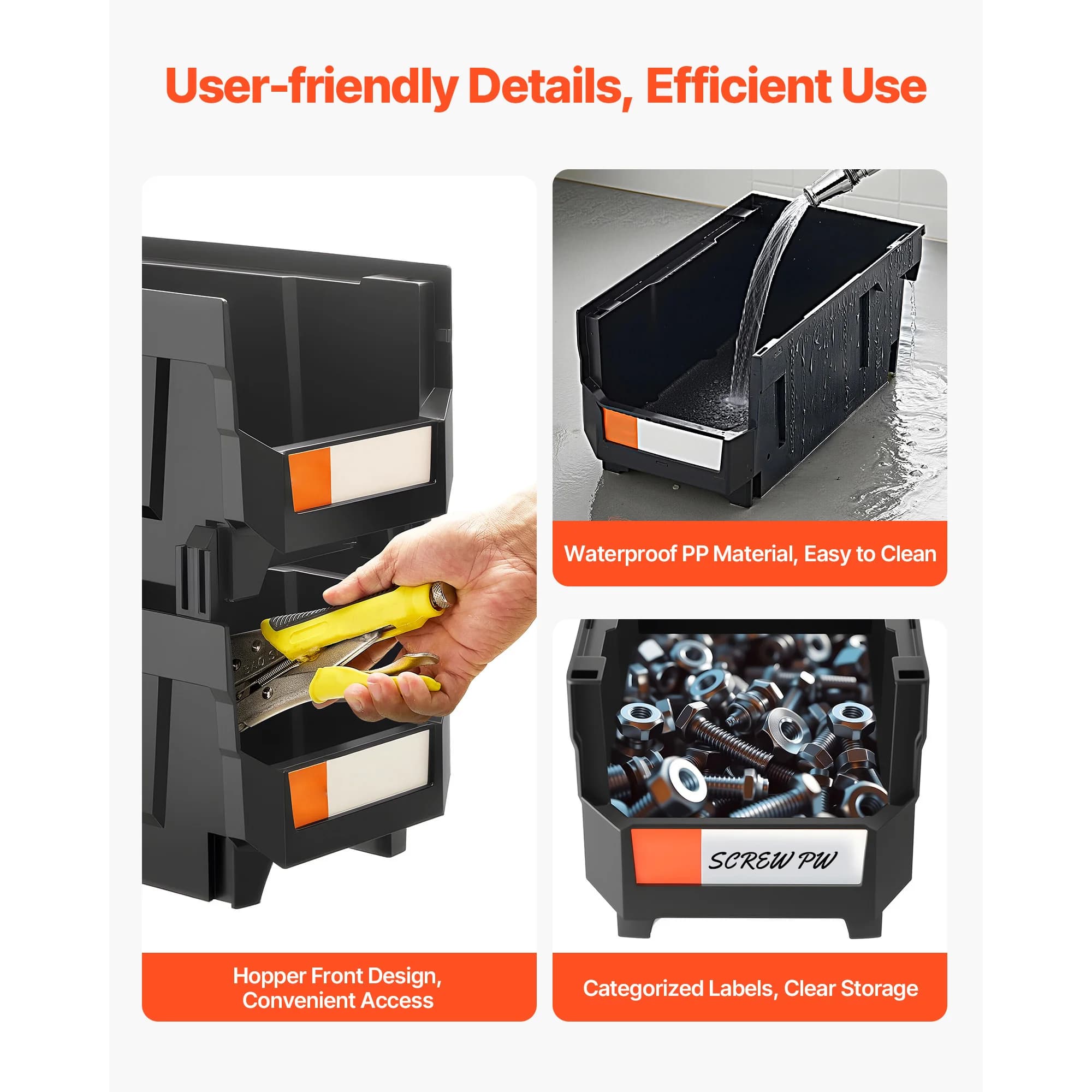 Storage Bins | 6-Pack Transparent/Black Plastic Boxes | Small Parts & Accessories Organizer - Thumbnail 3