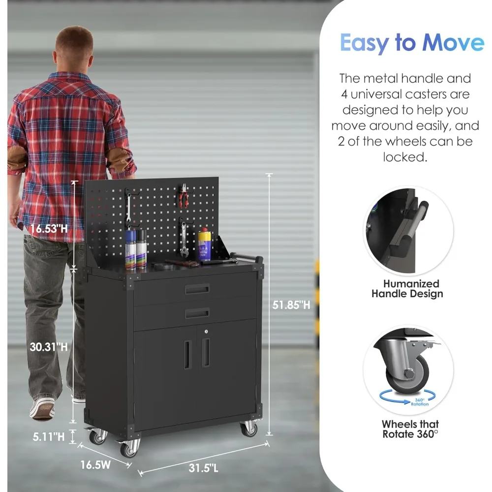 Tool Cart with Pegboard | 2-Drawer Garage Cabinet on Wheels | Utility Service Cart - Thumbnail 3