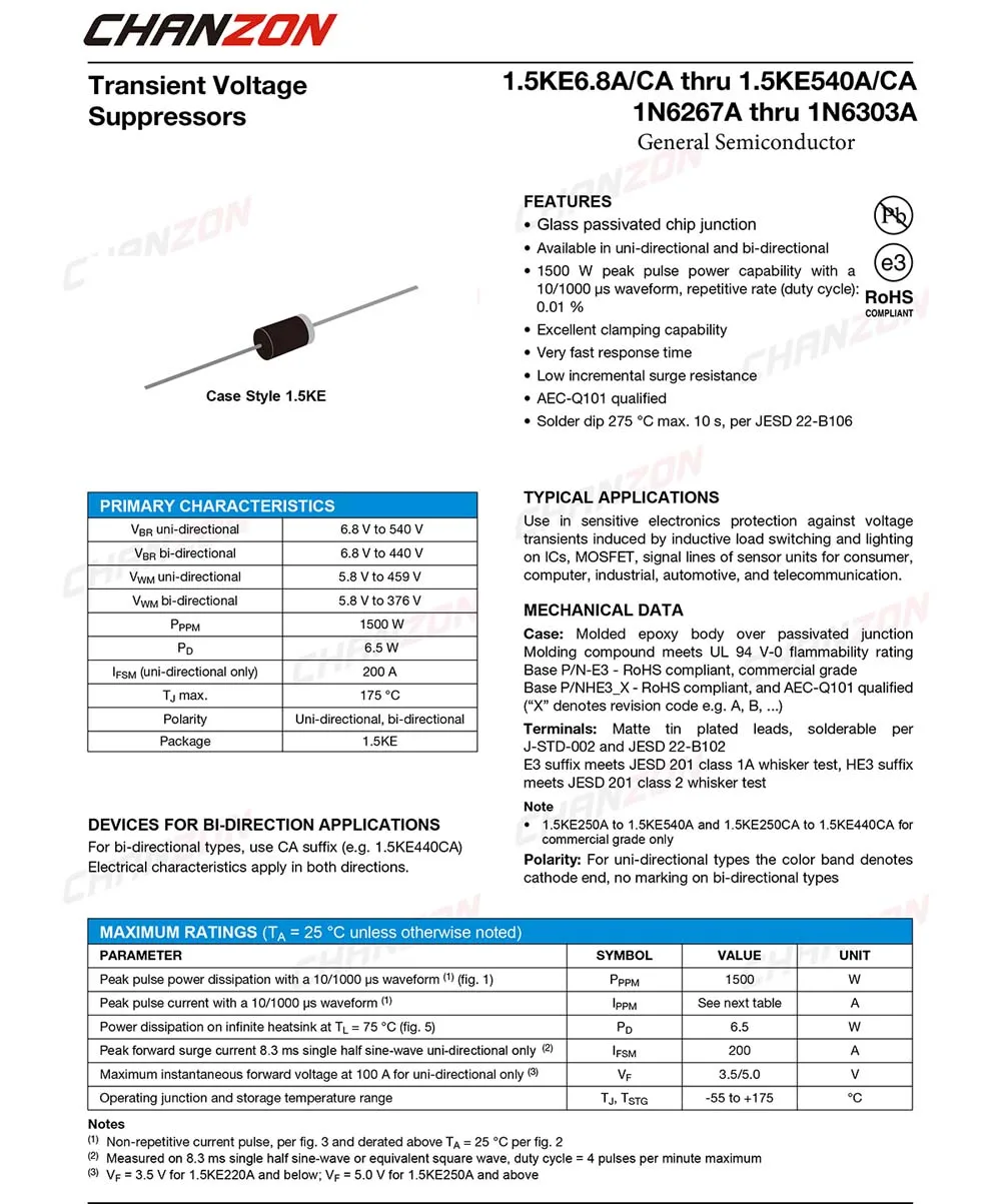 TVS Diode Assortment | 1.5KE Series | 6.8V to 440V | 1500W Surge Protection - Thumbnail 3