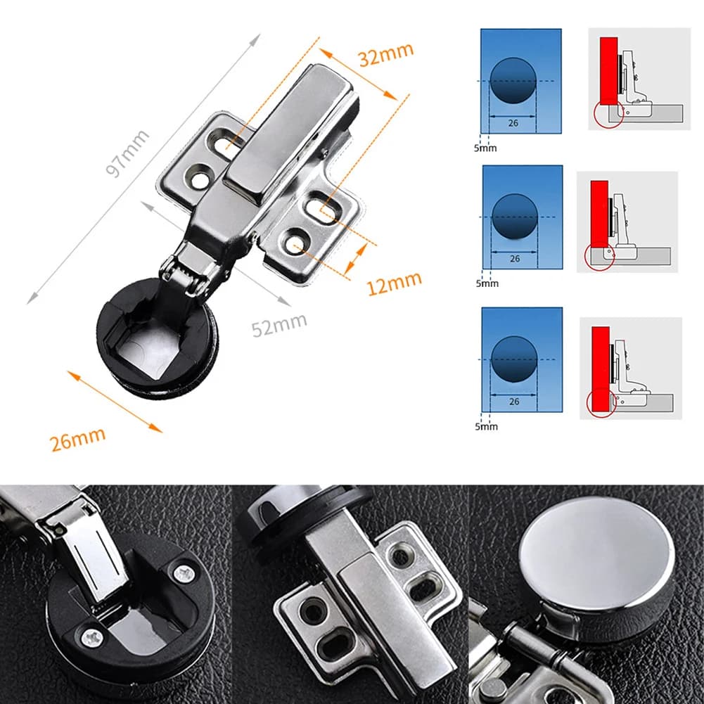 Round Glass Cabinet Hinges | Plastic Wine Buffer Design | For Kitchen Cupboard & Furniture Doors - Thumbnail 6