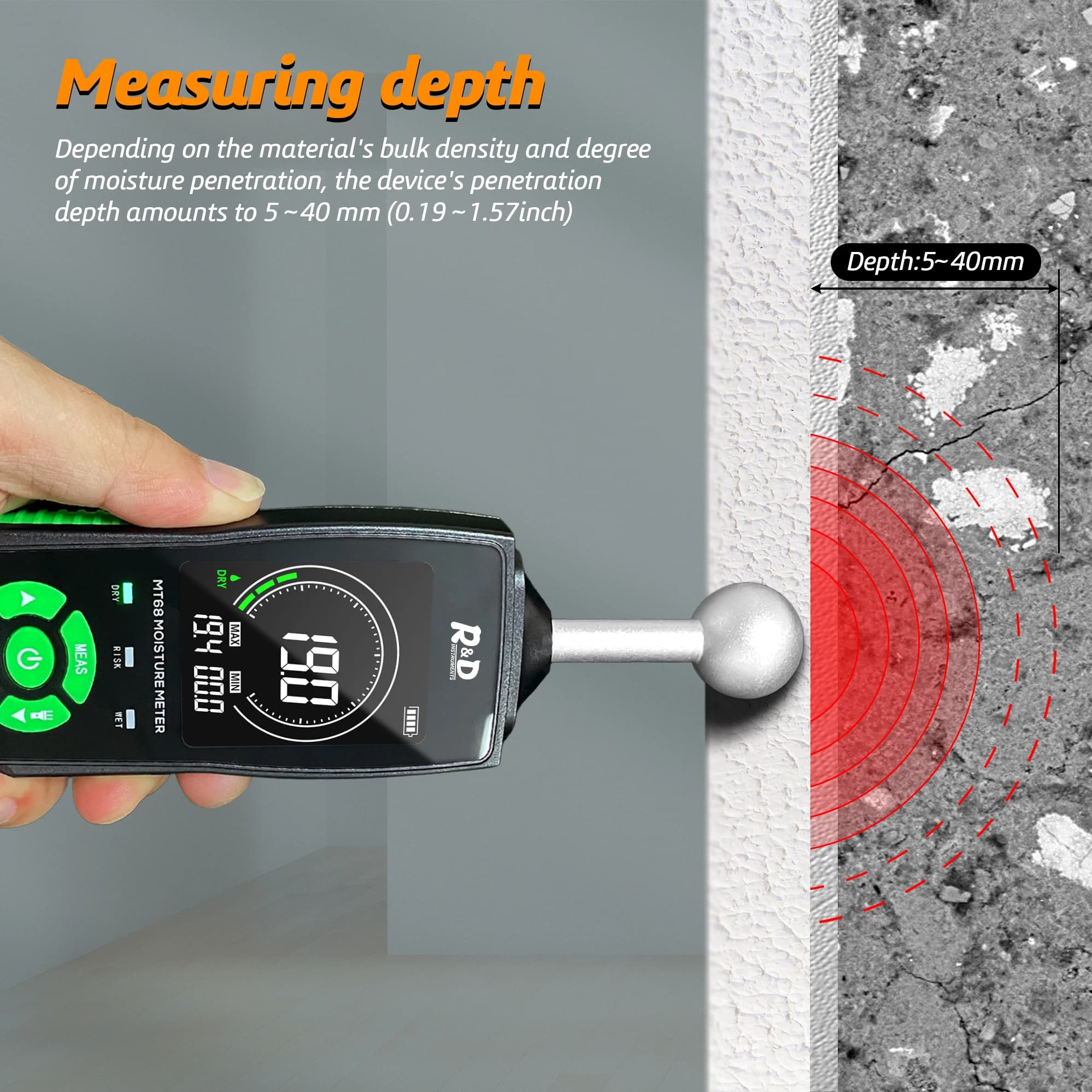 Moisture Meter for Wood & Building Materials | Non-Destructive Wall & Floor Scanner | R&D MT68 - Thumbnail 3
