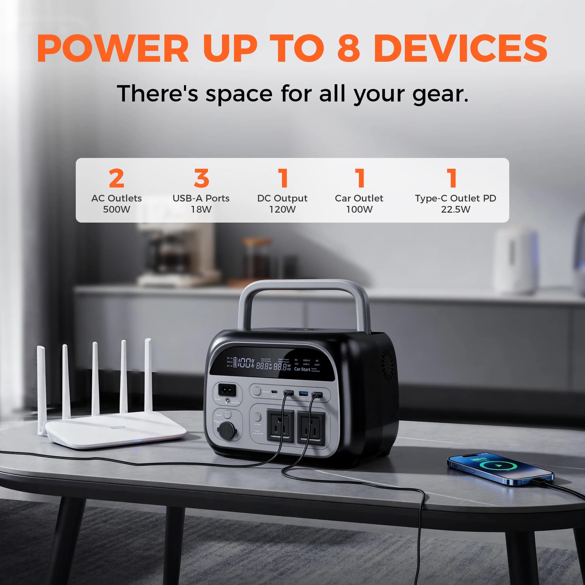 Portable Power Station | 346Wh LiFePO4 Battery | 500W Output & 150W Fast Wireless Charging - Thumbnail 3