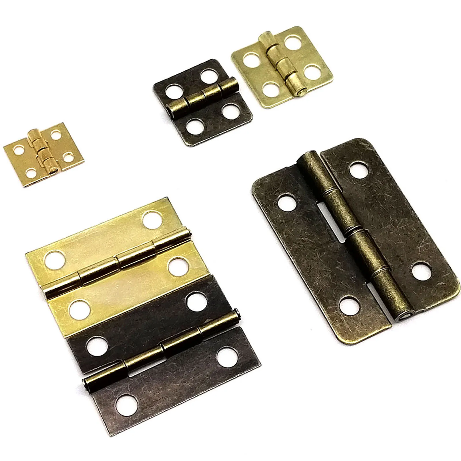 Twelve miniature golden antique brass hinges with screws, for jewelry chests, gift boxes, wine cases, dollhouses, and small cabinet doors.