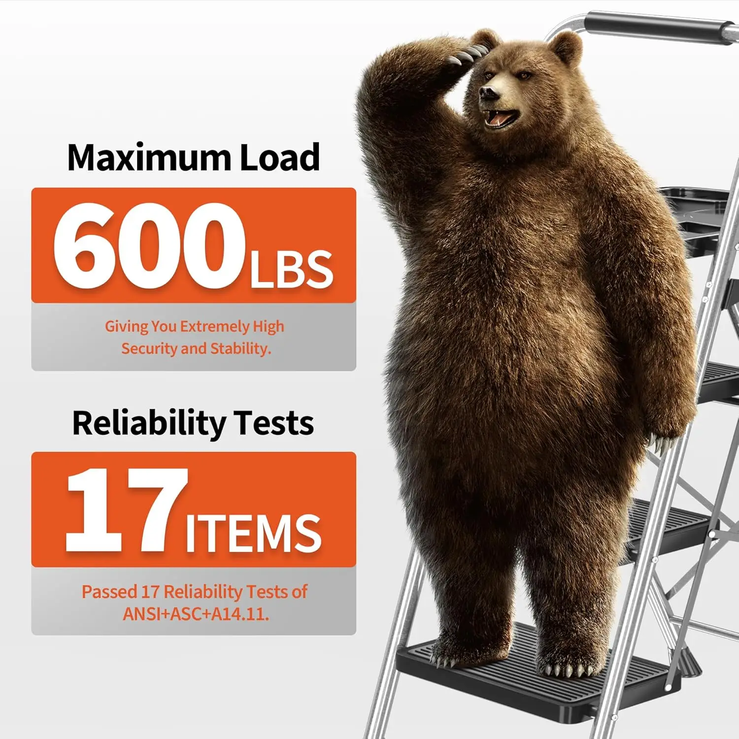 3-Step Folding Ladder | 600lbs Heavy-Duty Capacity | Non-Slip Tool Tray for Home Use - Thumbnail 2