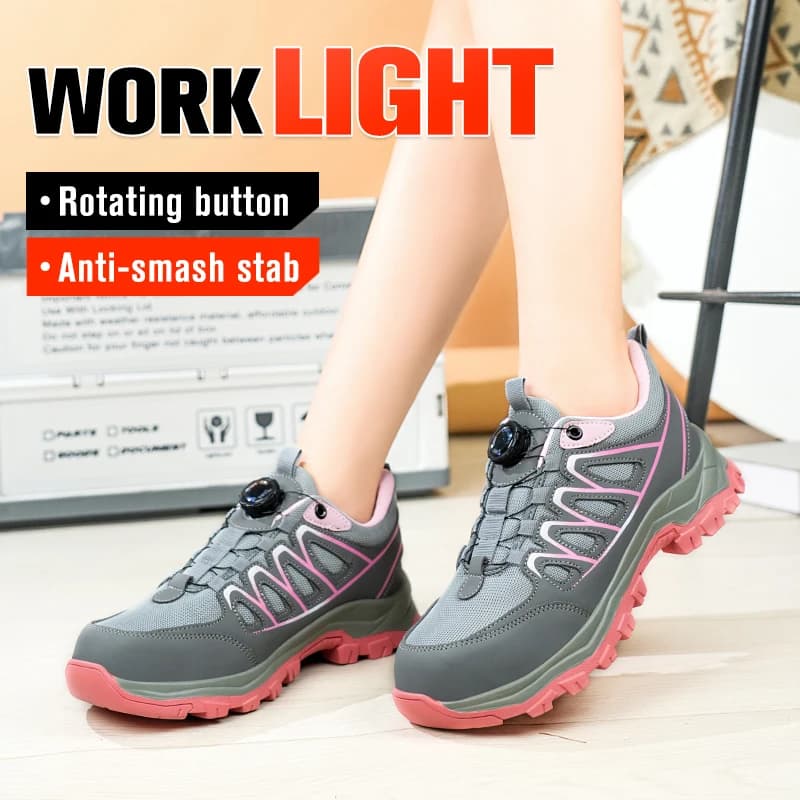 Women's Steel Toe Safety Shoes | Lightweight Breathable Kevlar-Midsole Design | Rotating Button Anti-Puncture Work Shoes - Thumbnail 2