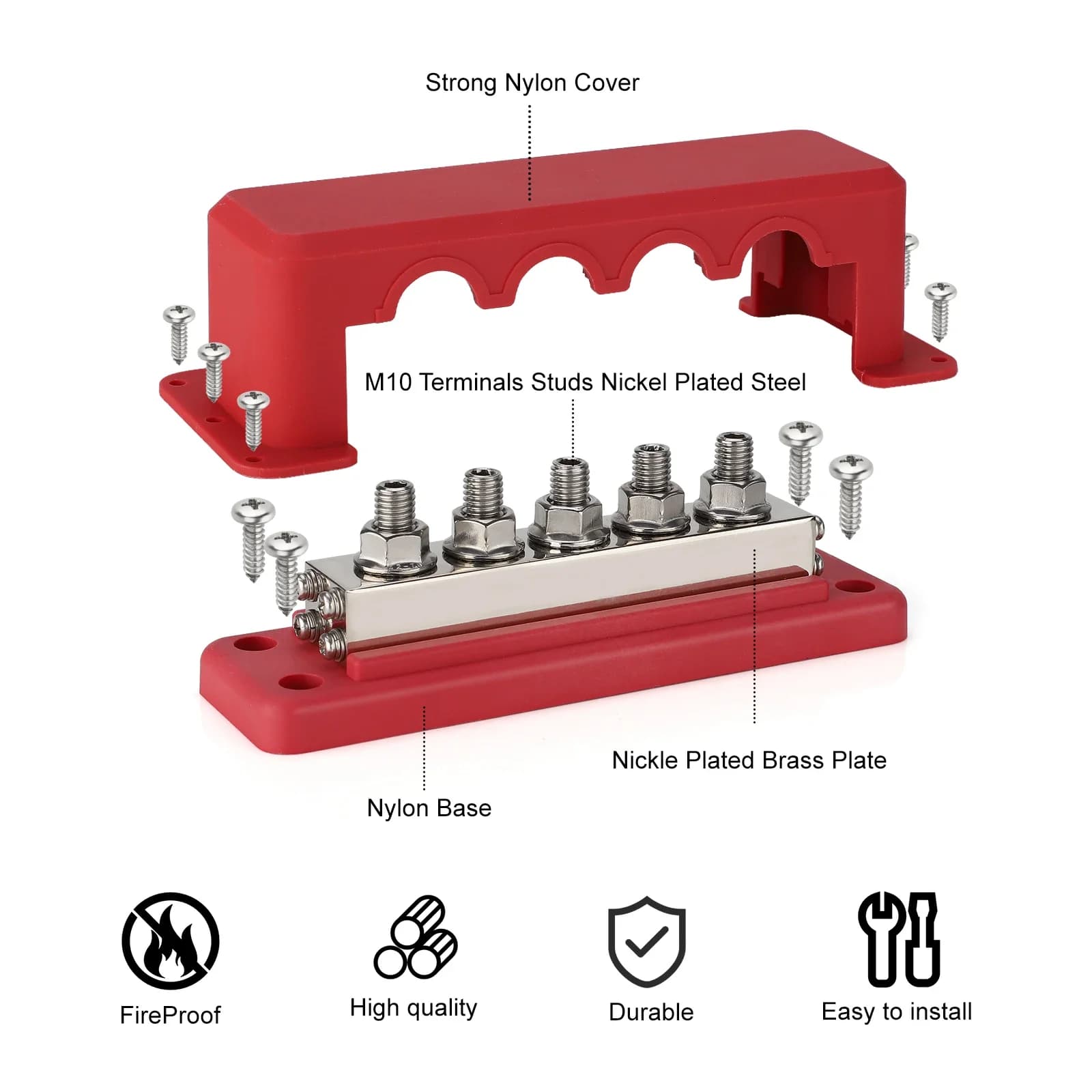 Heavy-Duty M10 Bus Bar Terminal Block | 5-Way Power Distribution | 600A 12-48V DC for RV, Marine & Truck - Thumbnail 5