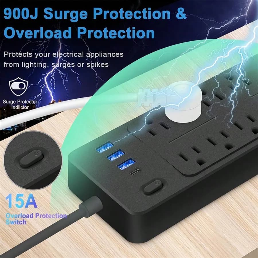 14-Outlet Surge Protector Power Strip | 4 USB Ports | 1625W Flat Plug Extension Cord - Thumbnail 5
