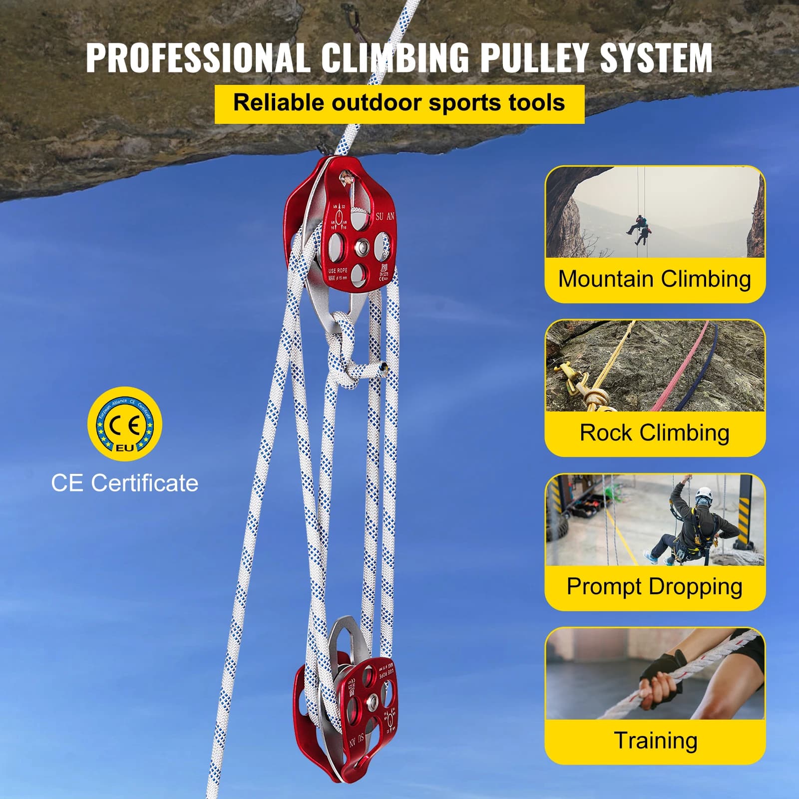 Heavy-Duty Block & Tackle Pulley System | 7700LB Capacity | 100FT Braided Rope for Lifting & Rigging - Thumbnail 2