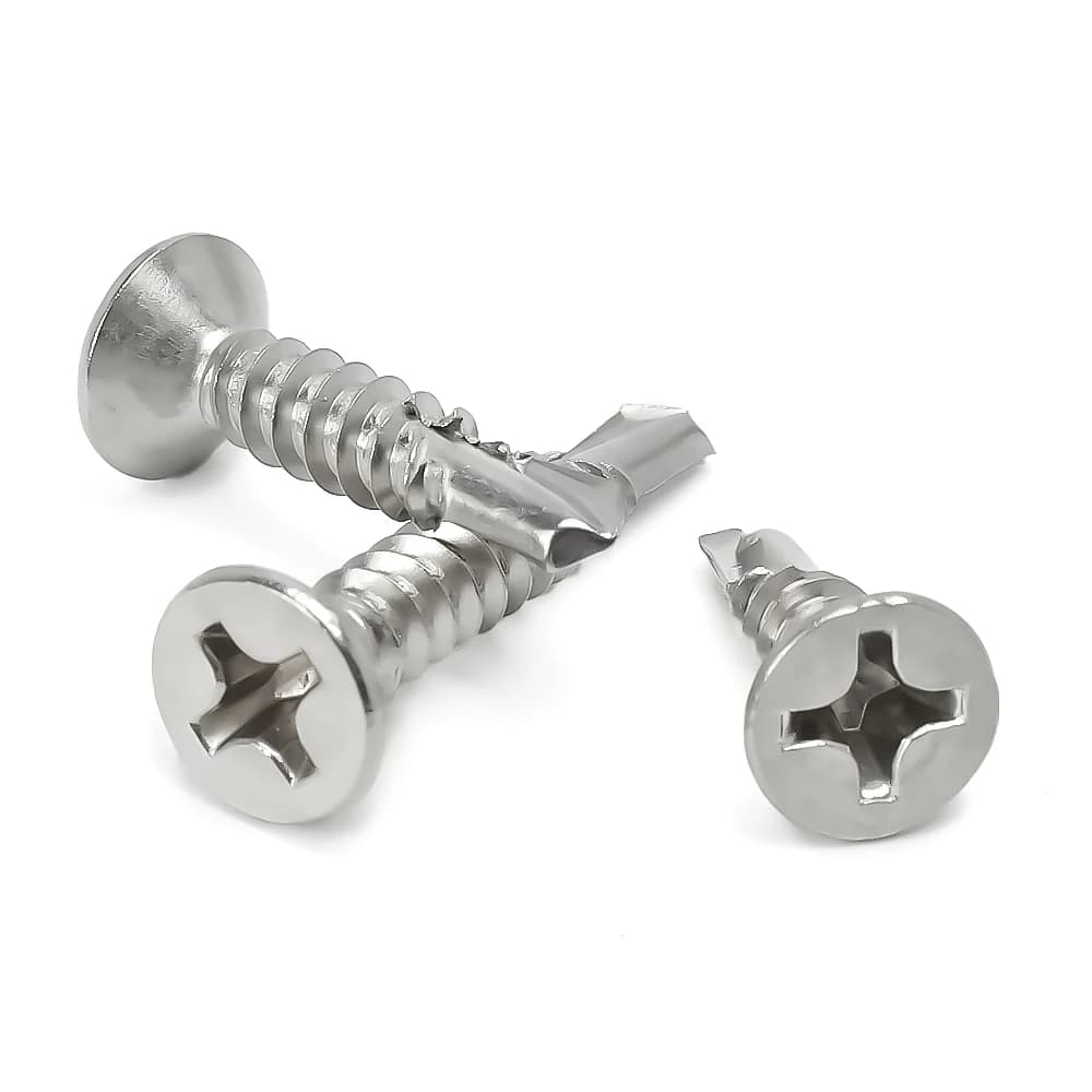410 stainless steel self-tapping screws with Phillips flat head countersunk design for woodworking, metalwork, and drywall applications.