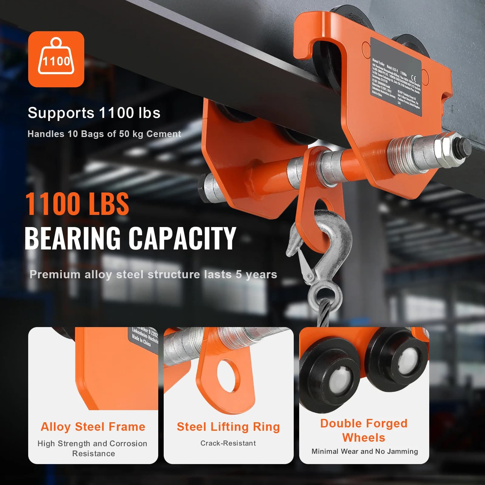 Heavy-Duty Manual Beam Trolley | 0.5-5 Ton Capacity | Adjustable Dual-Wheel I-Beam Flange - Thumbnail 3