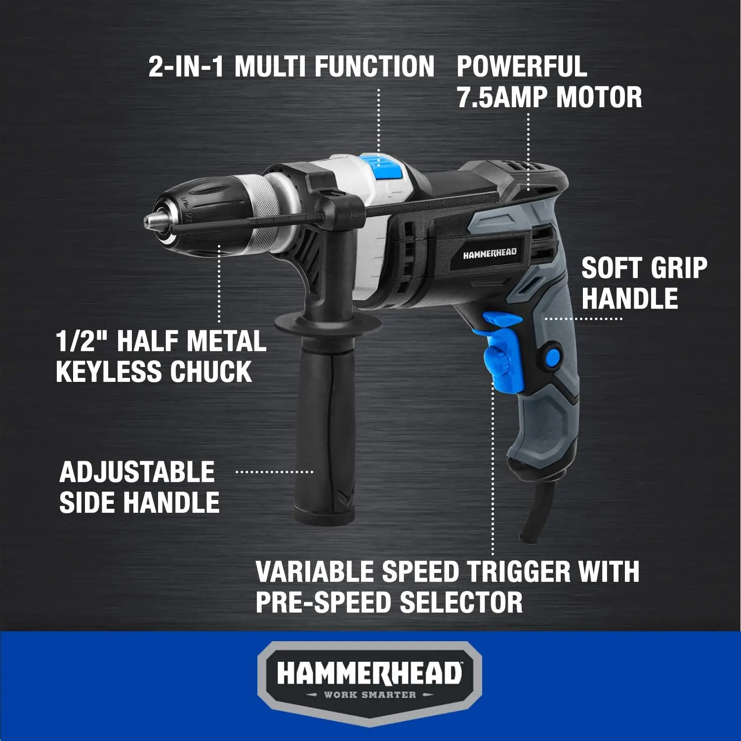 1/2-Inch Hammer Drill | 7.5-Amp Heavy-Duty Motor | Variable Speed for Concrete & Masonry - Thumbnail 3