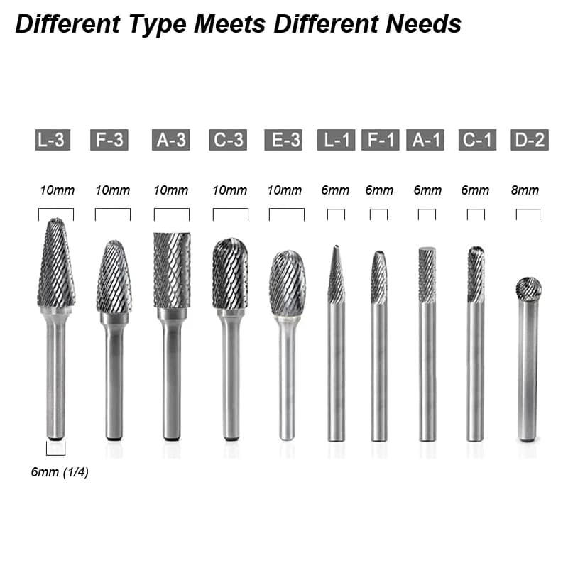 Heavy-Duty Tungsten Carbide Burrs Set | 6mm Shank Double Cut | Rotary Files for Die Grinder - Thumbnail 2