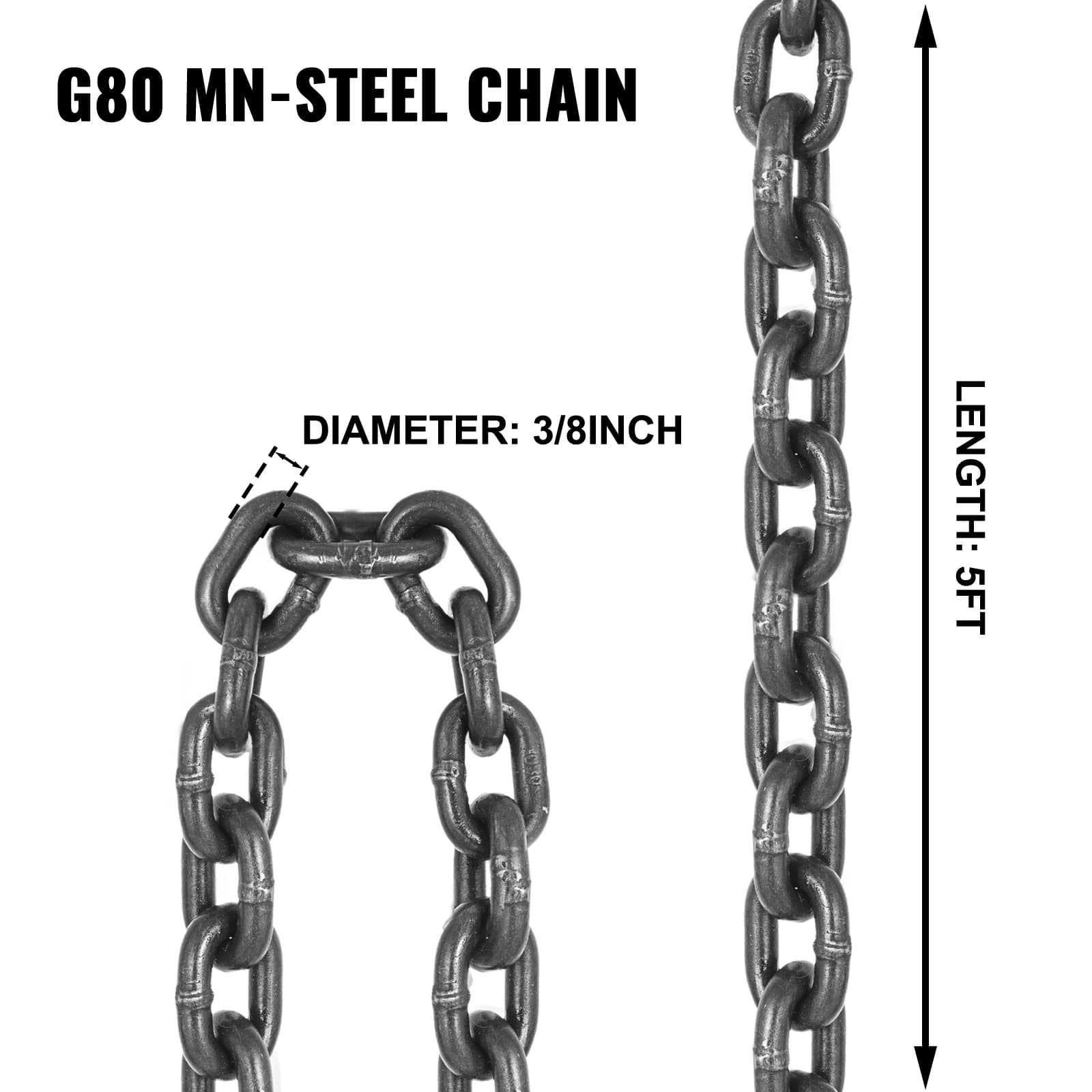 Heavy-Duty 5-Foot Lifting Sling | Forged 3/8 Grab Hooks | Professional-Grade Load Chain - Thumbnail 4