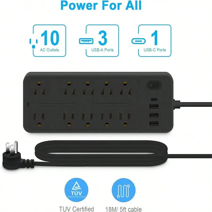 14-Outlet Surge Protector Power Strip | 4 USB Ports | 1625W Flat Plug Extension Cord - Thumbnail 2