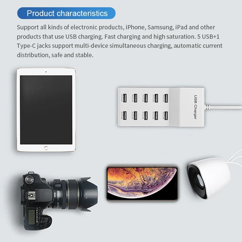 10-Port USB Charging Station | 5V High-Speed Power Hub | EU Wall Adapter for Home & Travel - Thumbnail 4