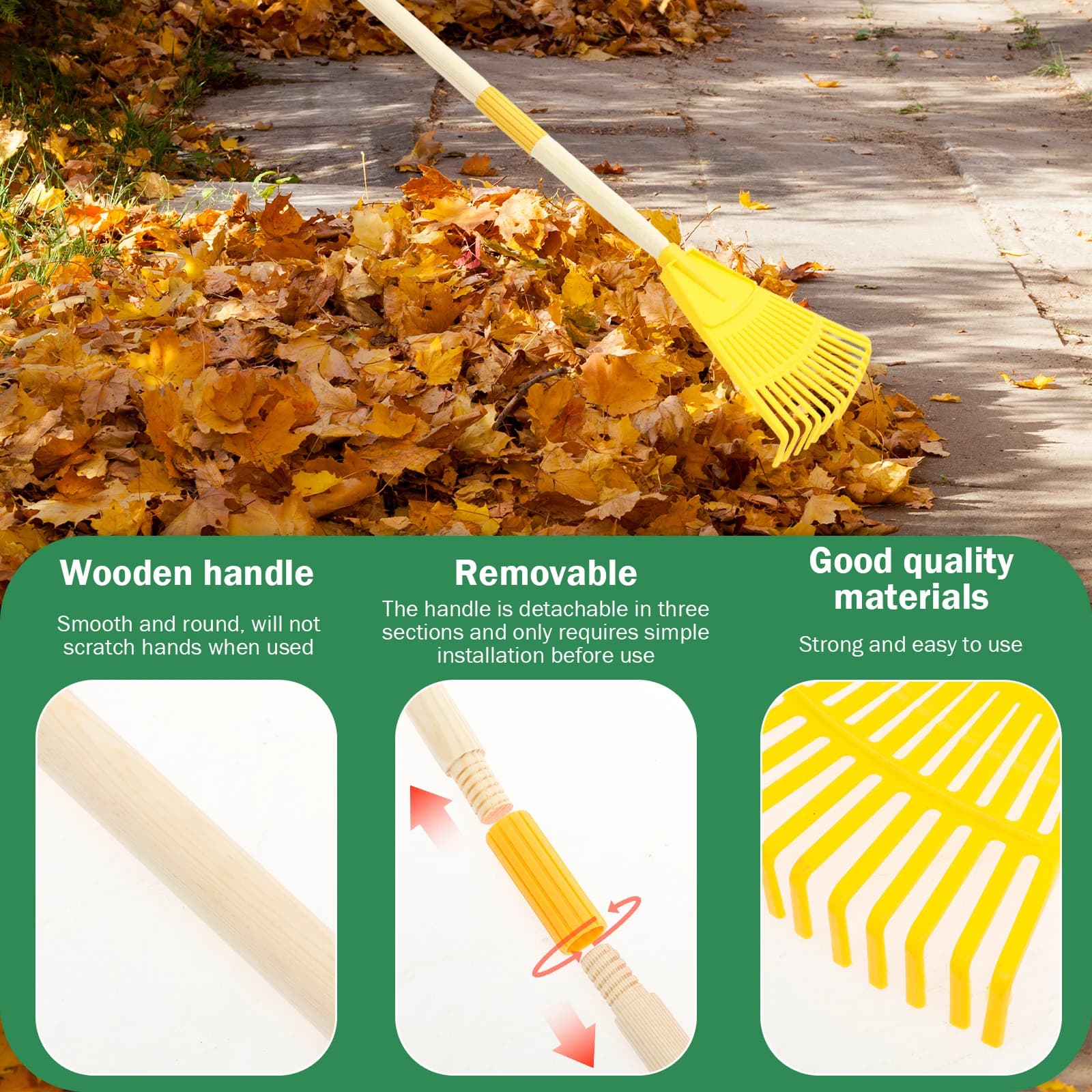 Garden Rake Set | 2Pcs Adjustable Leaf Rakes | 3-Section Removable Handle for Children - Thumbnail 3