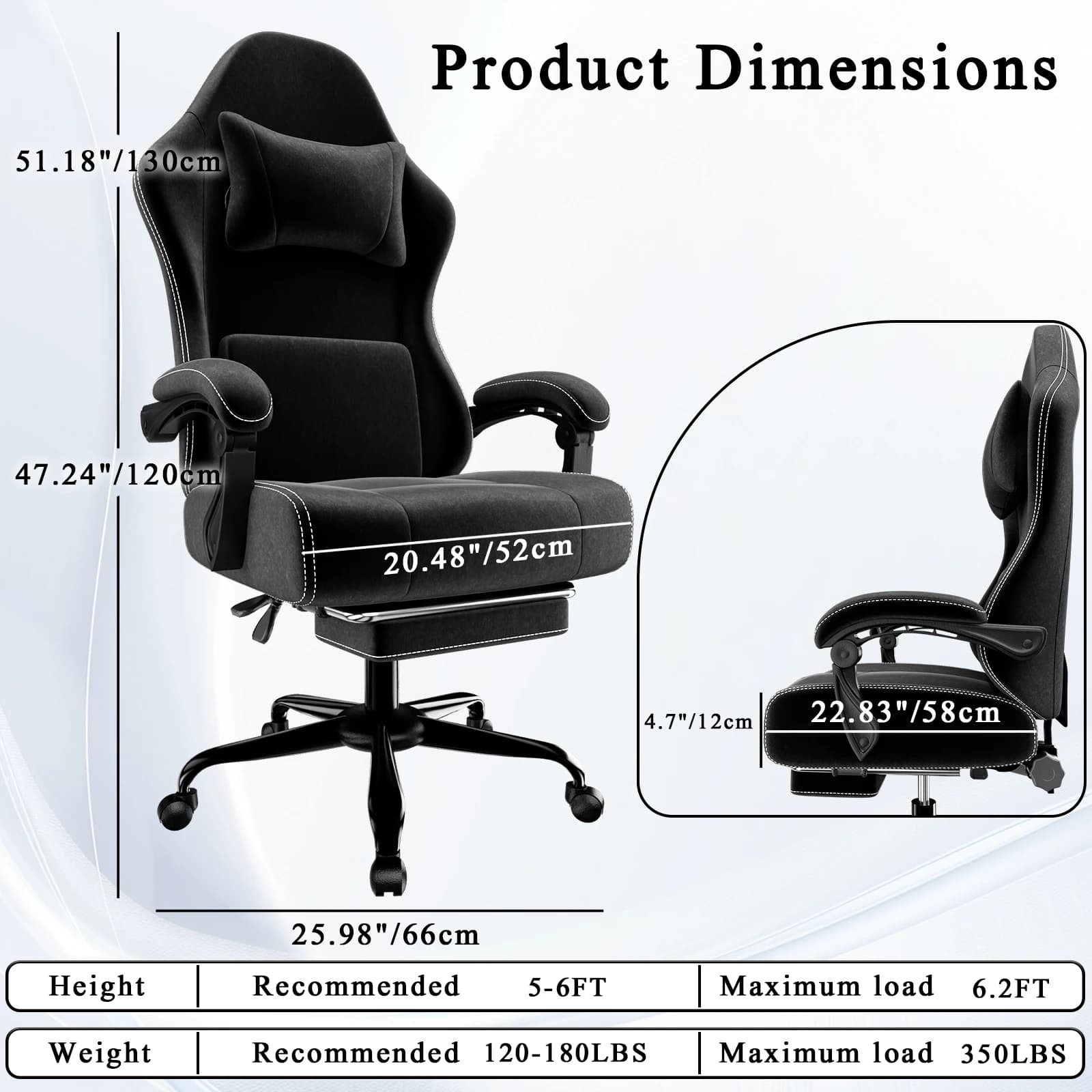 Gaming Chair | Built-in Massage Lumbar Support & Foot Pedals | Fabric Ergonomic Computer Desk Chair - Thumbnail 2