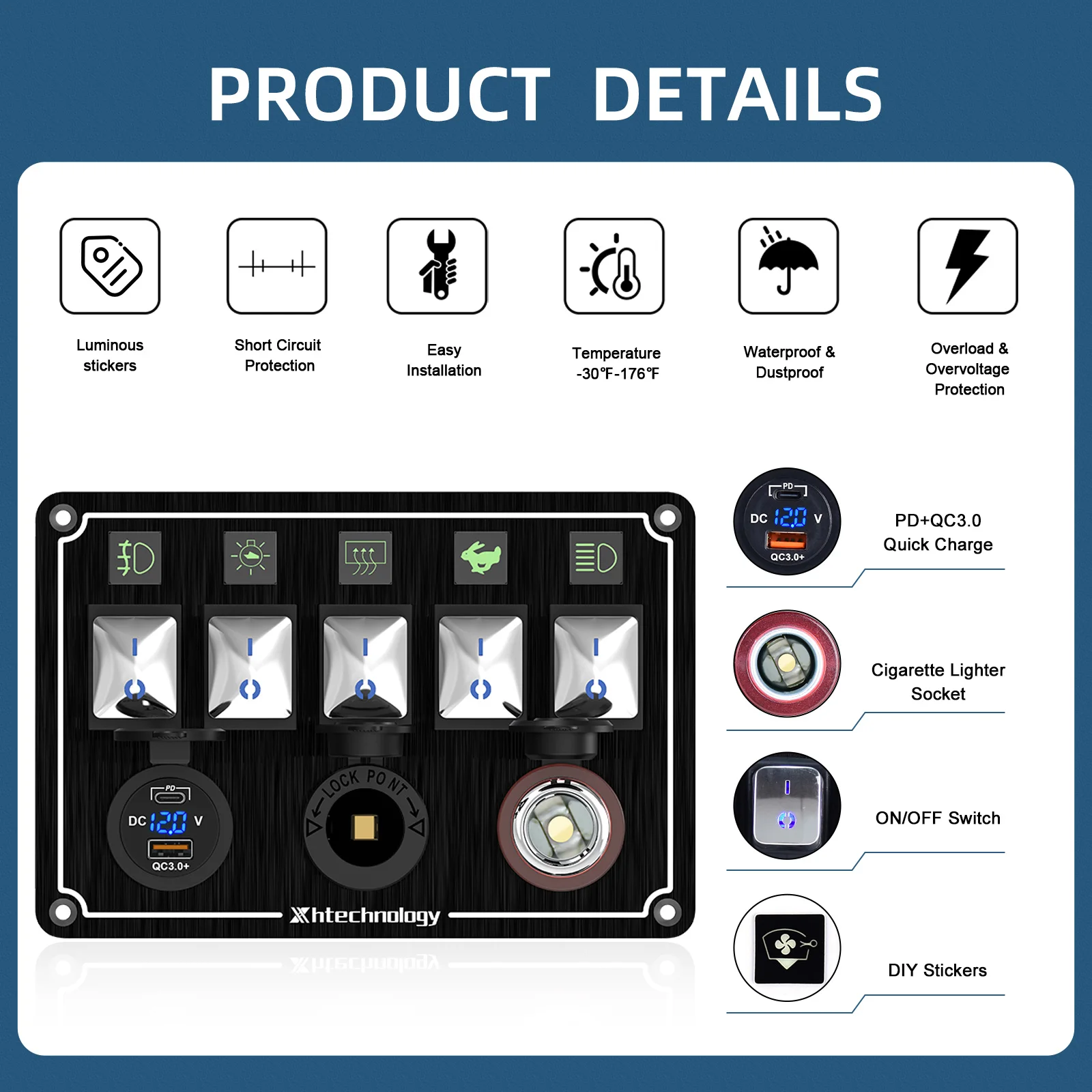 Marine-Grade Rocker Switch Panel | 4-6 Gang Waterproof 12V | LED Illuminated for Boats, RVs & Vehicles - Thumbnail 3