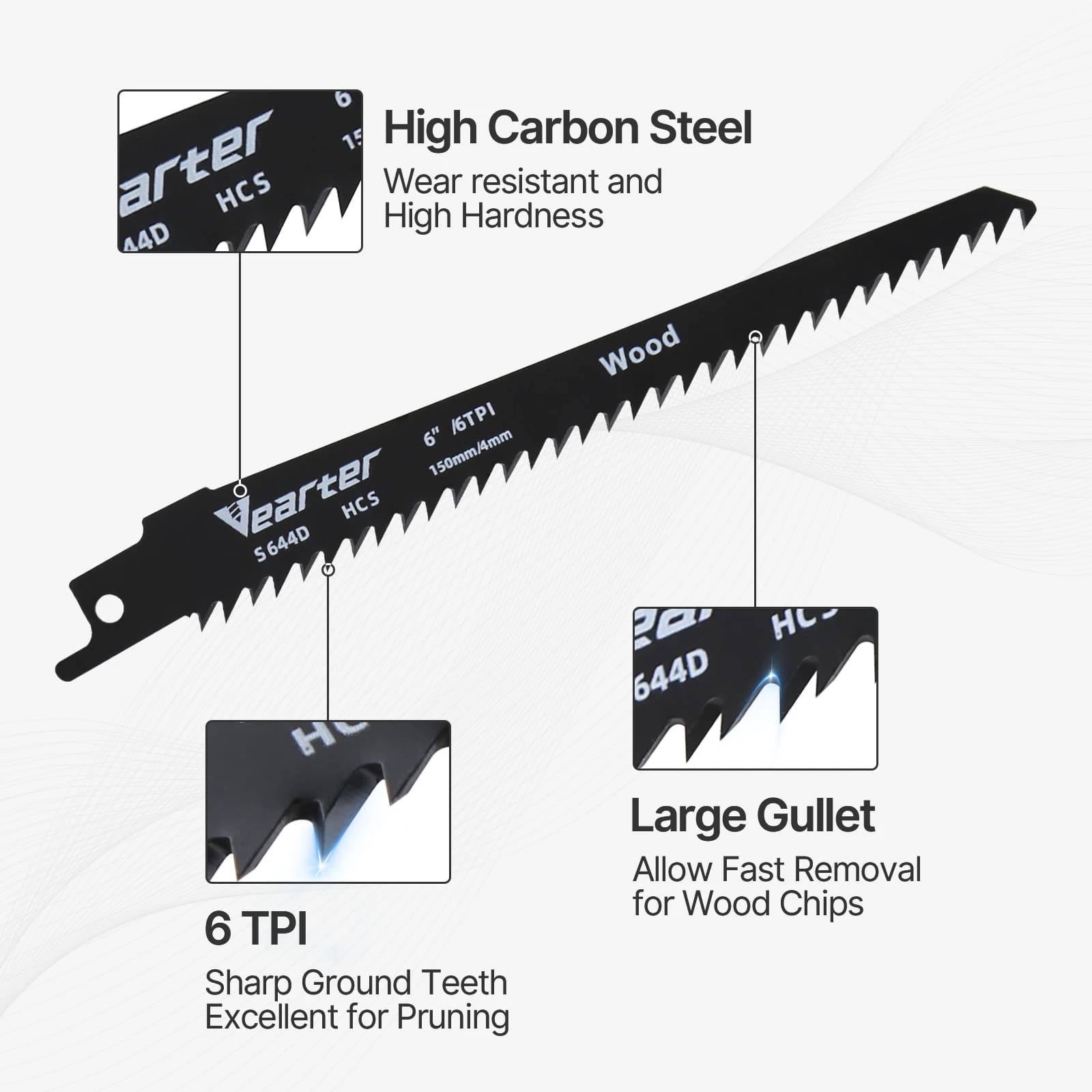 Professional 6-Inch Reciprocating Saw Blade Set | 5-Pack 6TPI HCS Blades for Wood & PVC | Bosch, DeWalt, Makita Compatible - Thumbnail 6