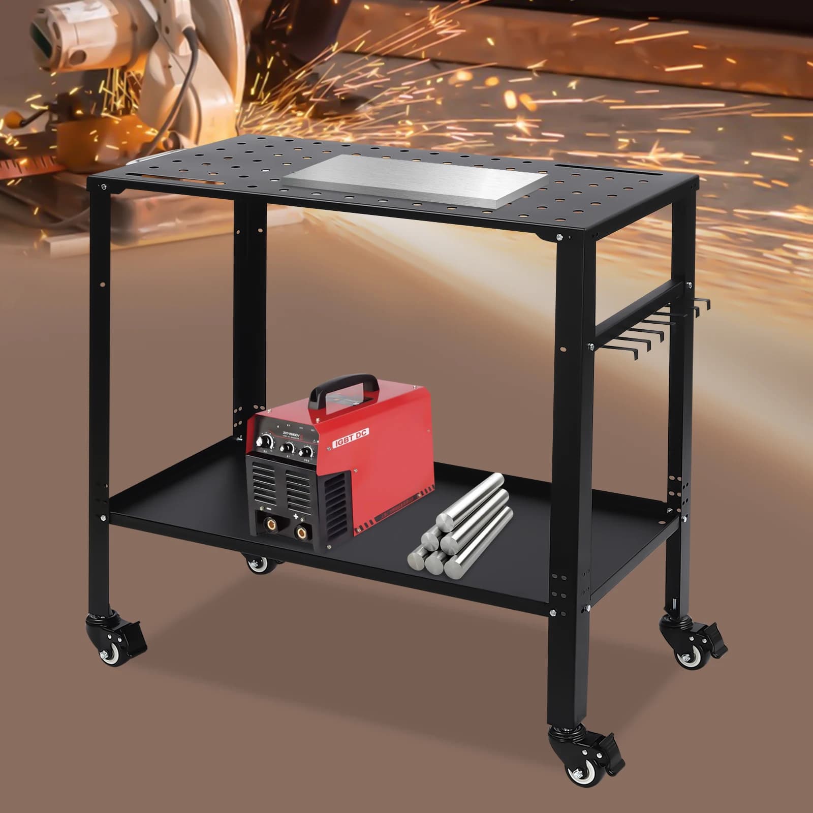 Welding Table with Adjustable Height | 36 x 18 Perforated Steel Top | Portable Workshop Cart - Thumbnail 4